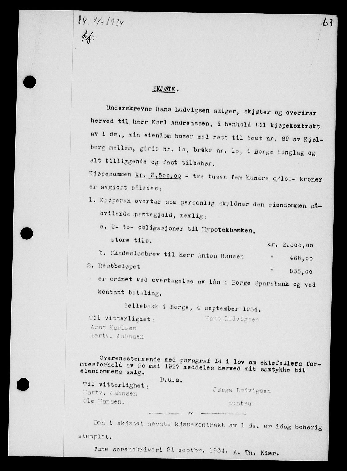 Tune sorenskriveri, SAO/A-10470/G/Gb/Gbb/L0004: Mortgage book no. II 20-24, 1933-1935, Deed date: 07.09.1934