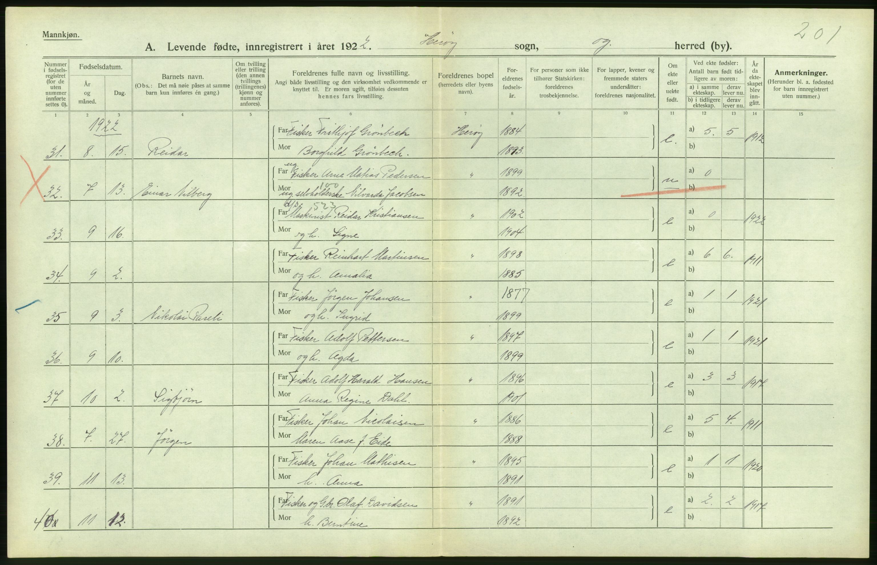 Statistisk sentralbyrå, Sosiodemografiske emner, Befolkning, AV/RA-S-2228/D/Df/Dfc/Dfcb/L0044: Nordland fylke: Levendefødte menn og kvinner. Bygder og byer., 1922, p. 186