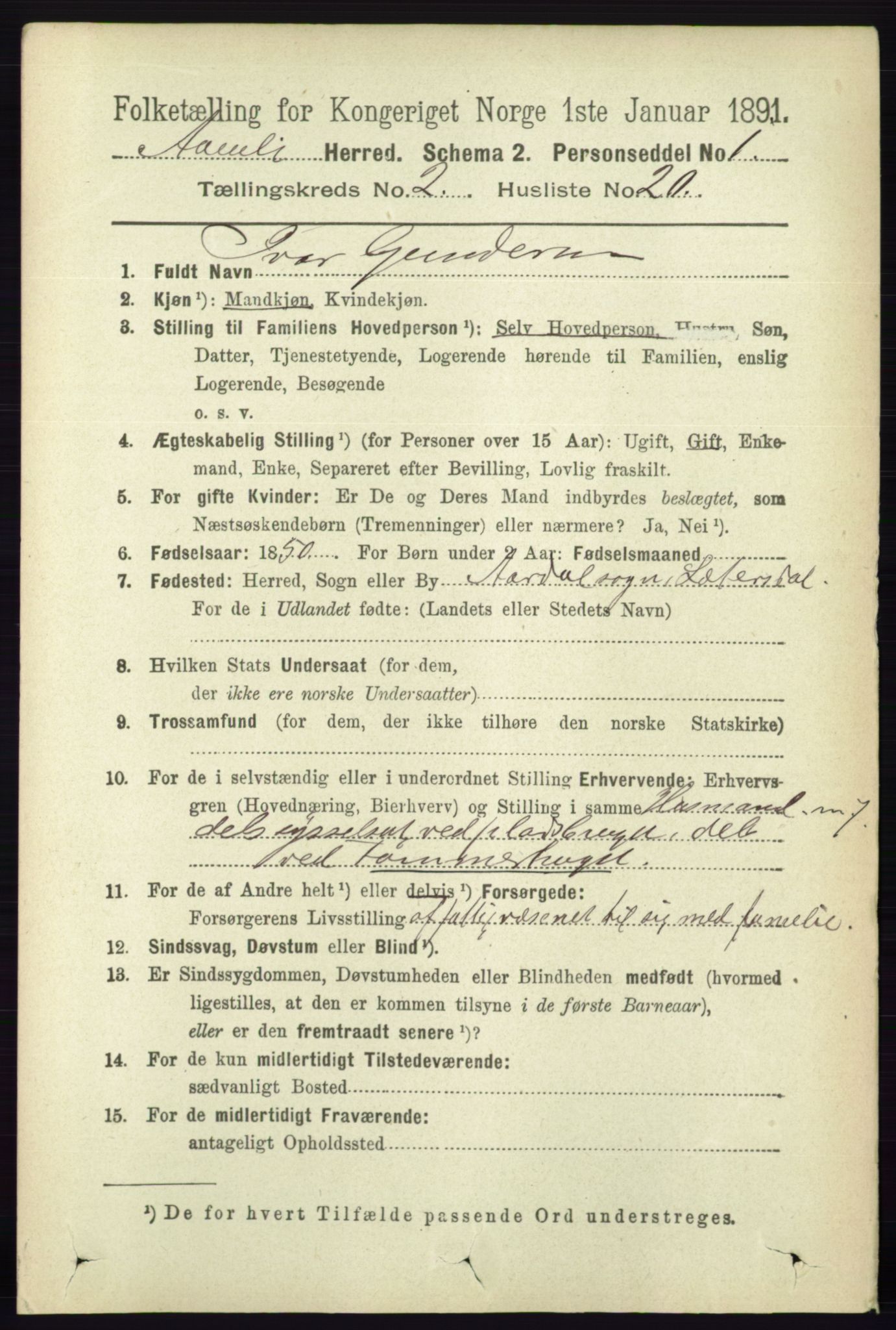 RA, 1891 census for 0929 Åmli, 1891, p. 289