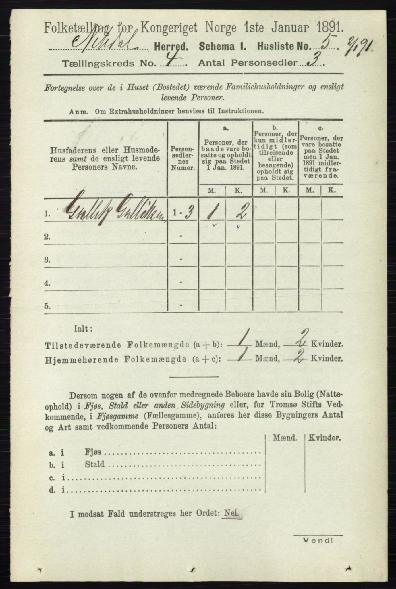 RA, 1891 census for 0233 Nittedal, 1891, p. 1625