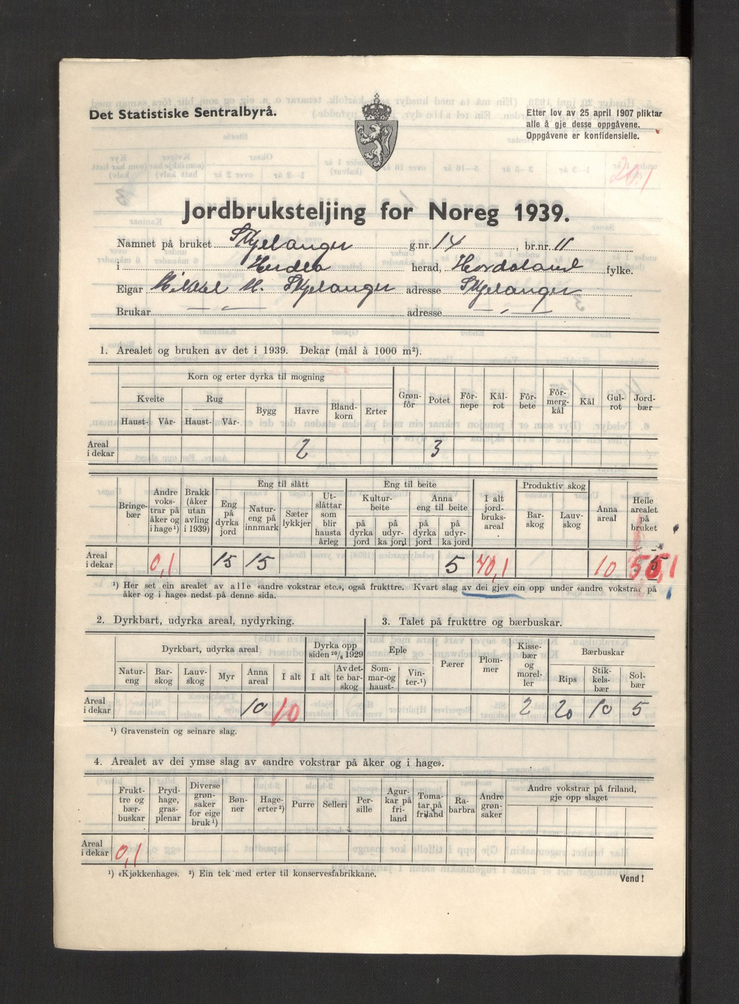 Statistisk sentralbyrå, Næringsøkonomiske emner, Jordbruk, skogbruk, jakt, fiske og fangst, AV/RA-S-2234/G/Gb/L0211: Hordaland: Herdla, Hjelme og Manger, 1939, p. 1085