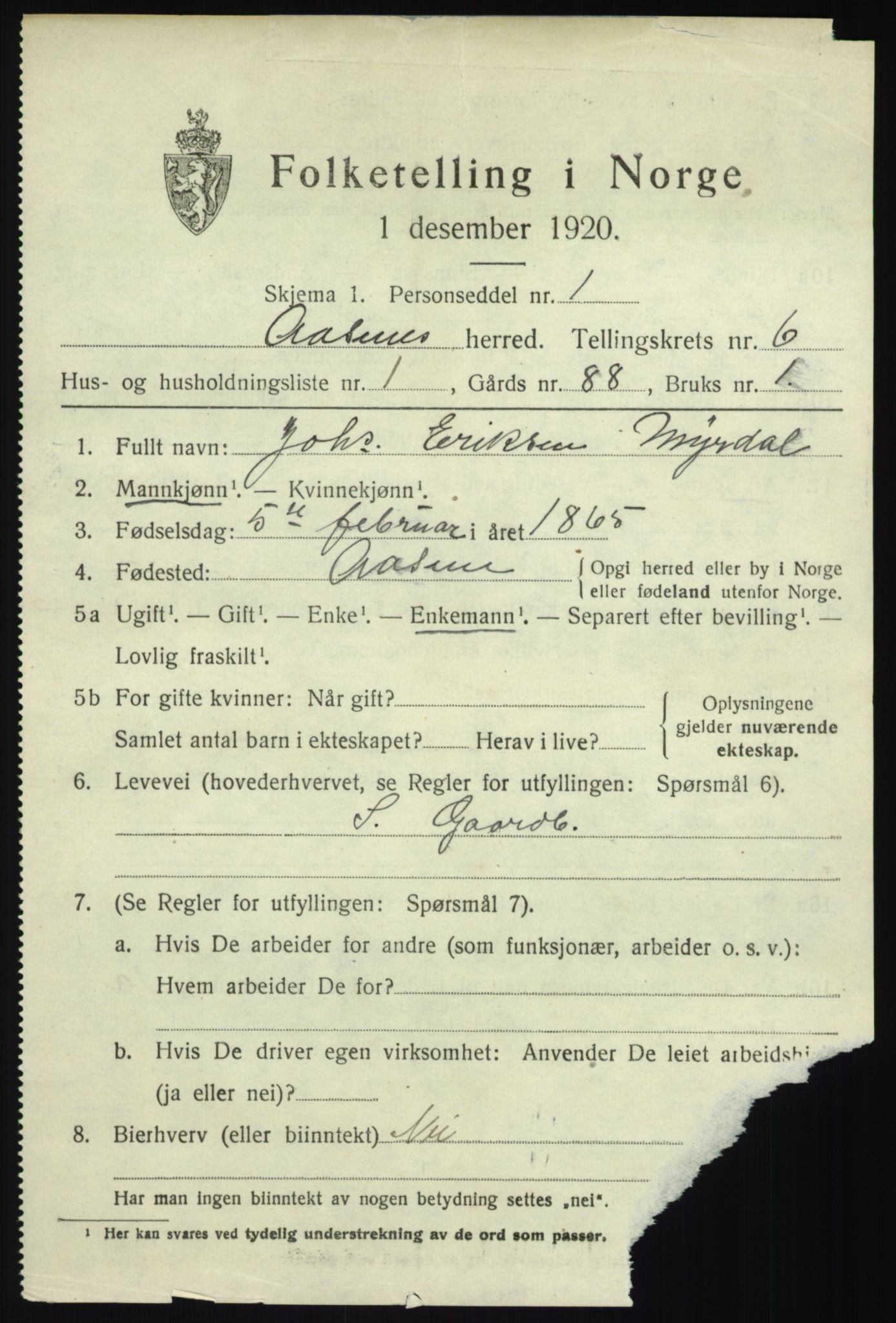 SAB, 1920 census for Åsane, 1920, p. 4093
