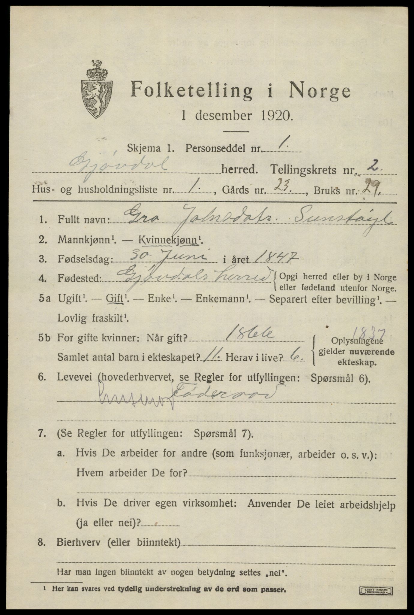 SAK, 1920 census for Gjøvdal, 1920, p. 830