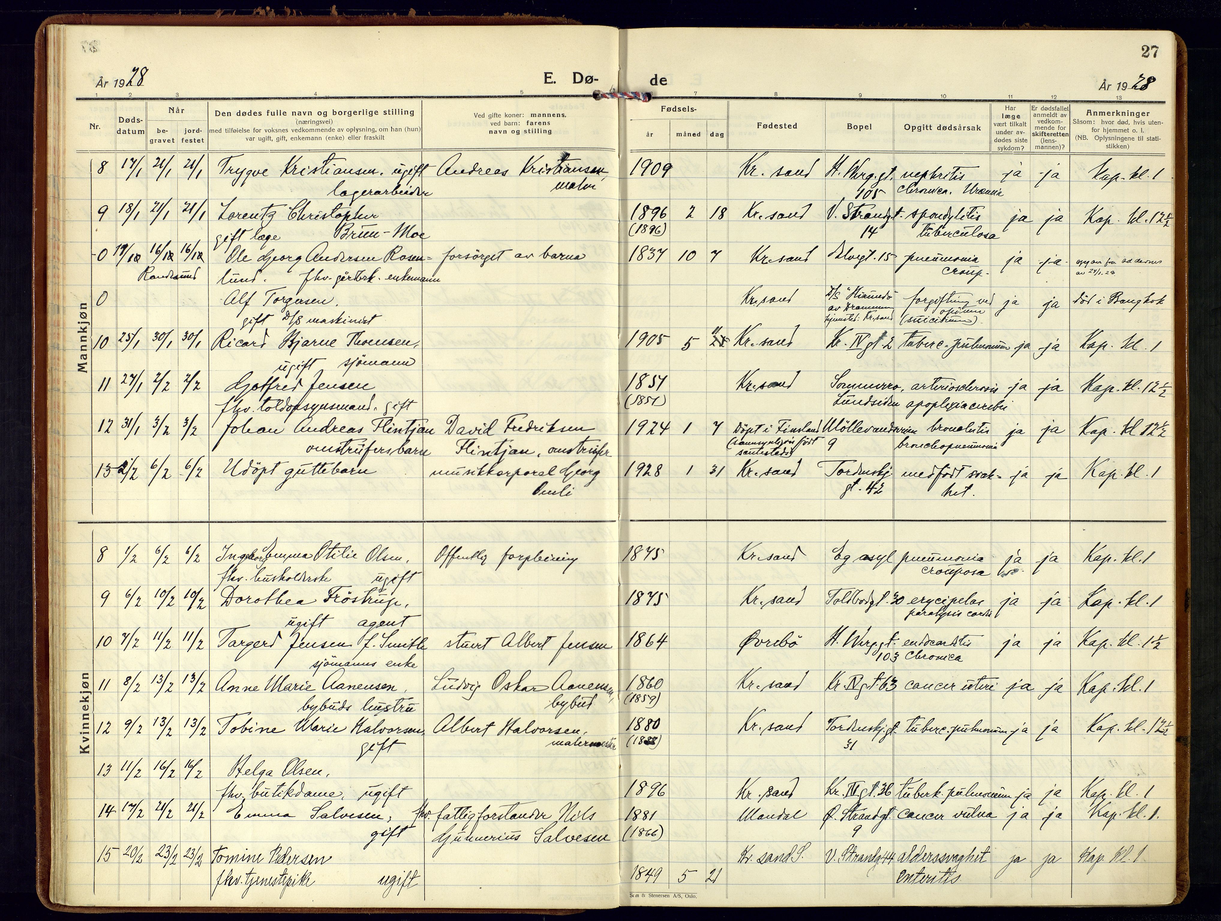 Kristiansand domprosti, AV/SAK-1112-0006/F/Fa/L0030: Parish register (official) no. A 29, 1926-1937, p. 27