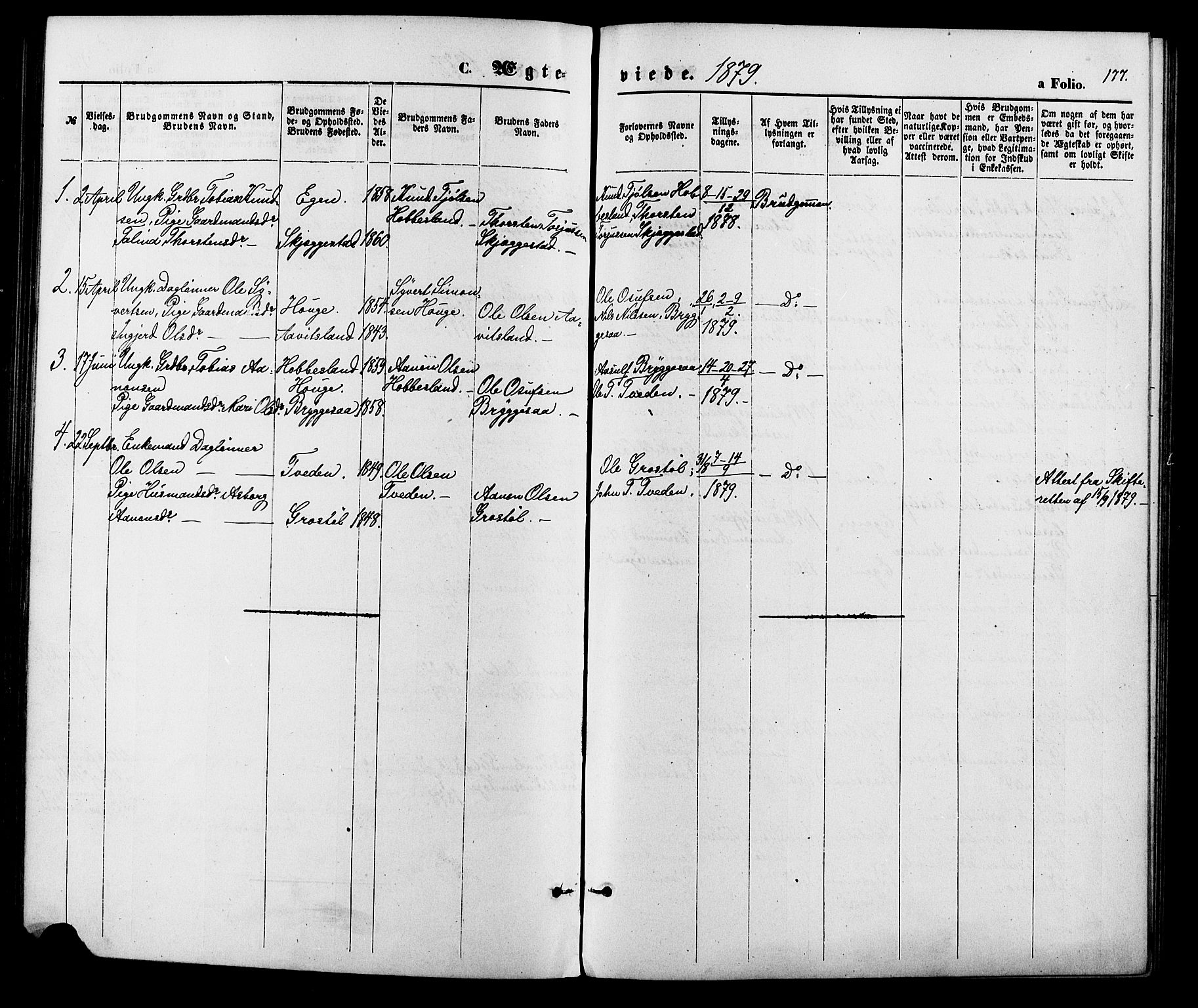 Hægebostad sokneprestkontor, SAK/1111-0024/F/Fa/Fab/L0003: Parish register (official) no. A 3, 1872-1886, p. 177