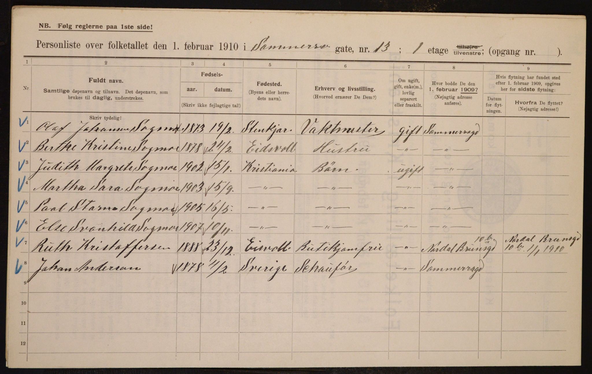 OBA, Municipal Census 1910 for Kristiania, 1910, p. 95036