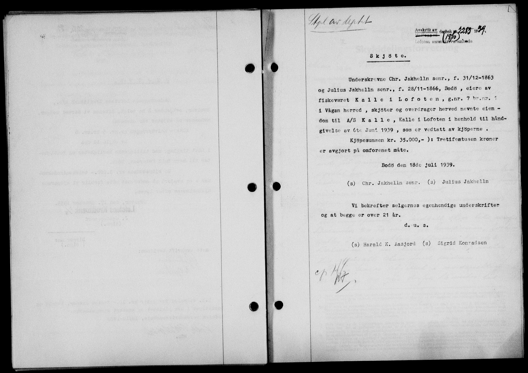 Lofoten sorenskriveri, SAT/A-0017/1/2/2C/L0006a: Mortgage book no. 6a, 1939-1939, Diary no: : 2283/1939