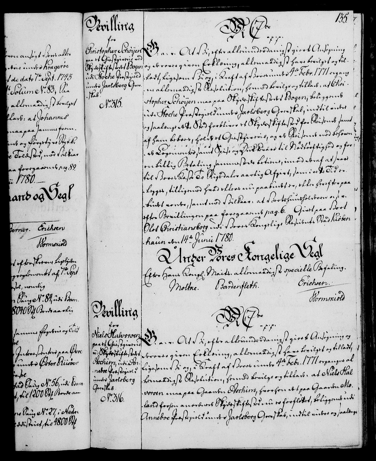 Rentekammeret, Kammerkanselliet, AV/RA-EA-3111/G/Gg/Gga/L0011: Norsk ekspedisjonsprotokoll med register (merket RK 53.11), 1779-1781, p. 135