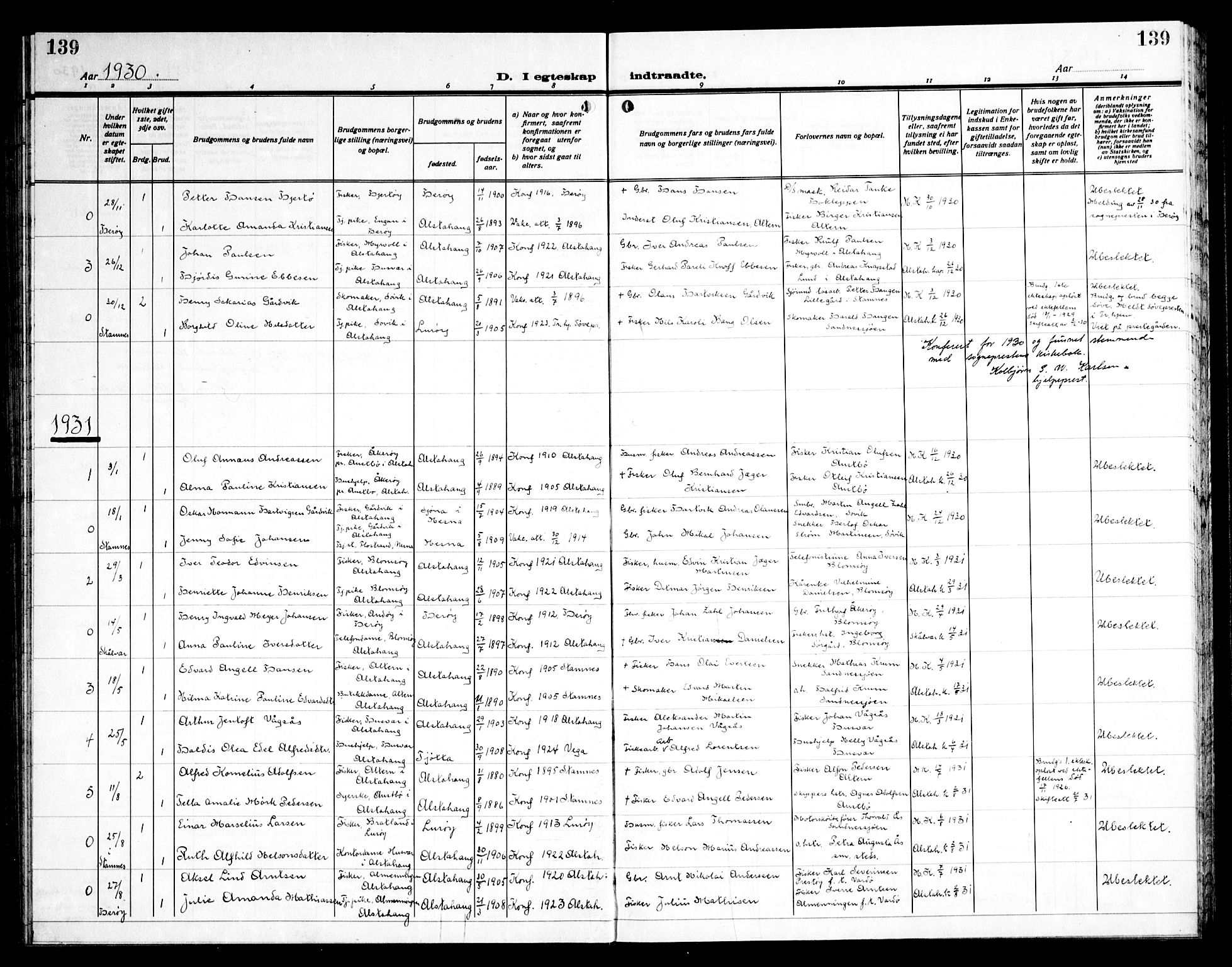 Ministerialprotokoller, klokkerbøker og fødselsregistre - Nordland, AV/SAT-A-1459/830/L0466: Parish register (copy) no. 830C08, 1920-1945, p. 139