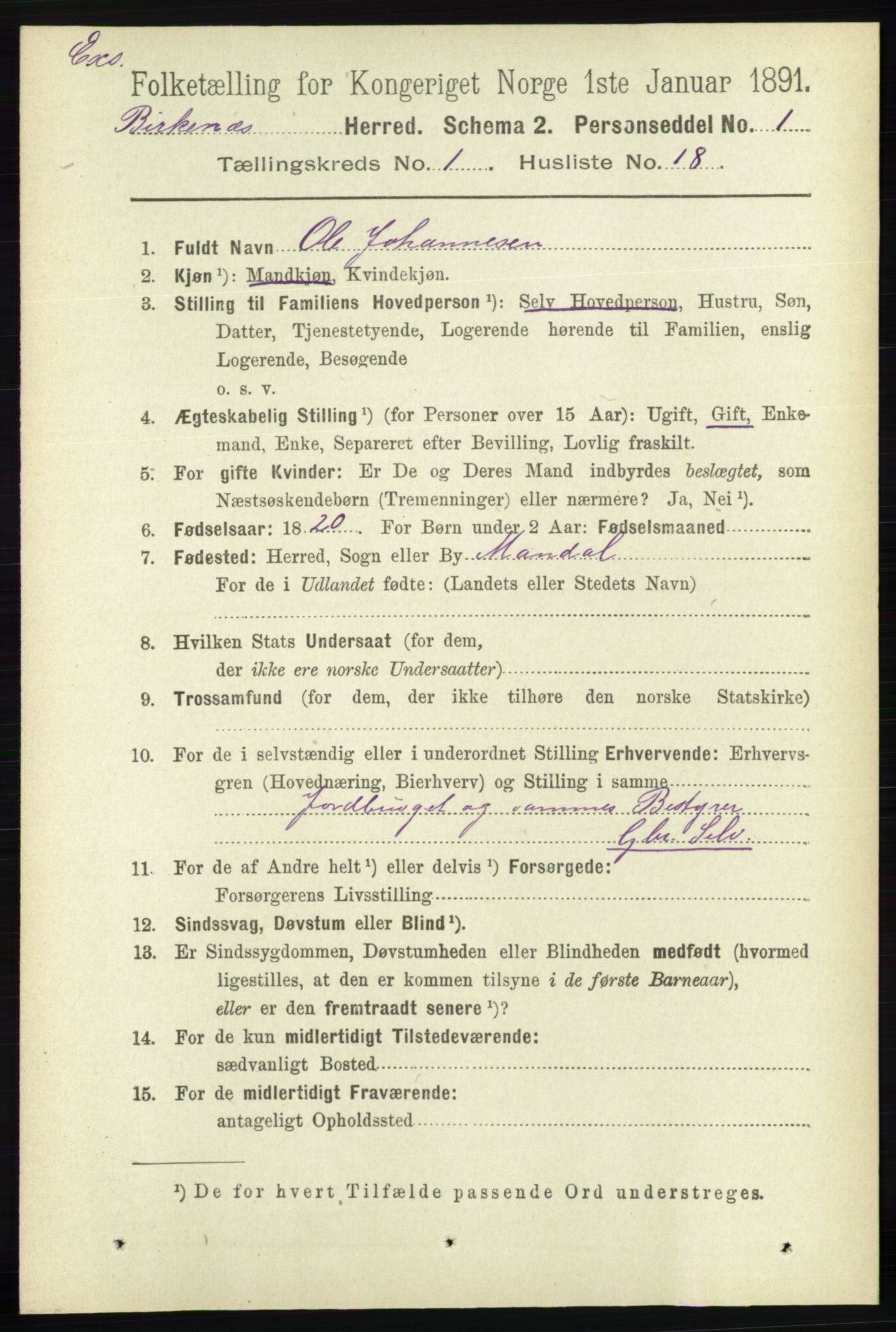 RA, Census 1891 for Nedenes amt: Gjenparter av personsedler for beslektede ektefeller, menn, 1891, p. 881