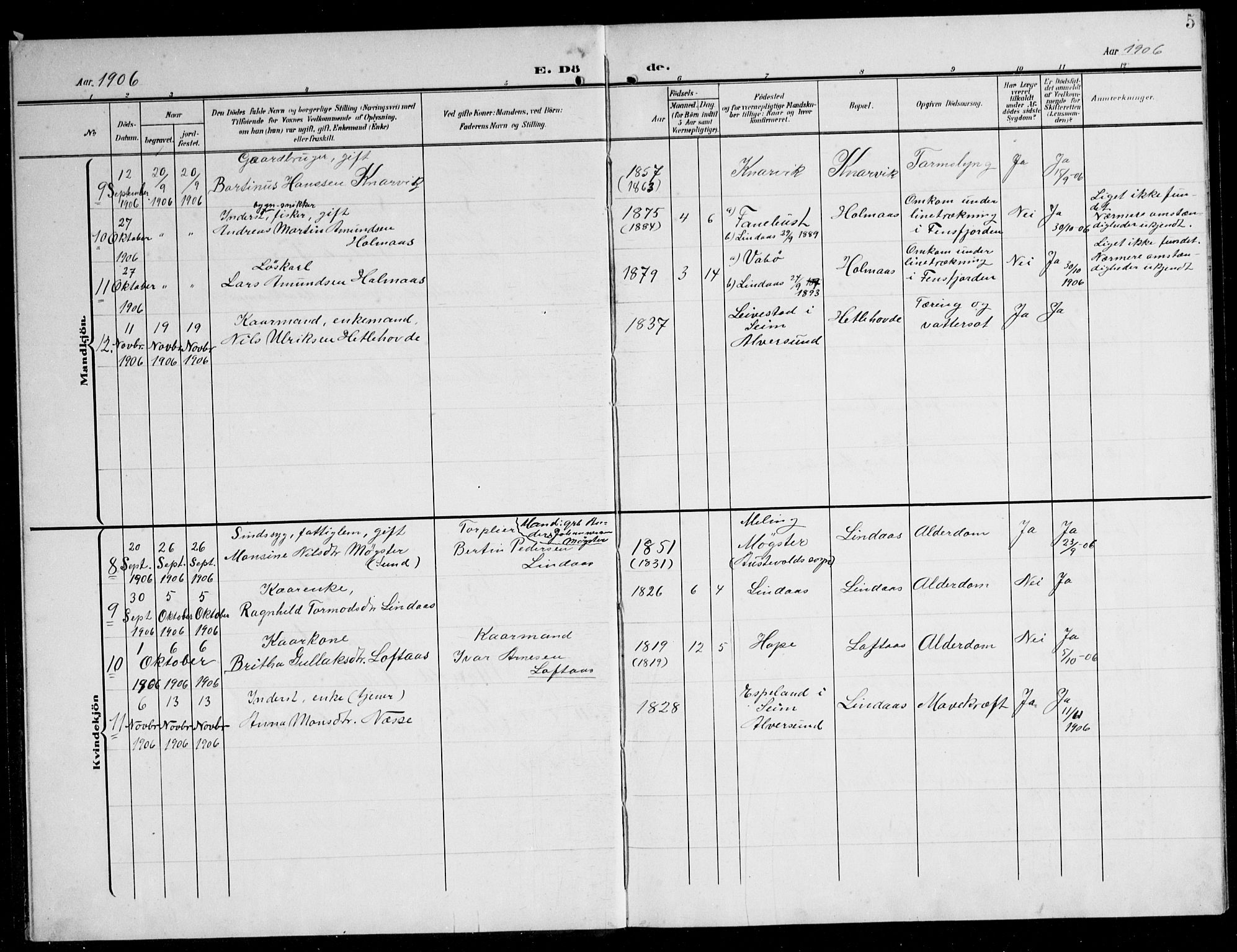 Lindås Sokneprestembete, AV/SAB-A-76701/H/Hab/Habb/L0006: Parish register (copy) no. B 6, 1906-1944, p. 5