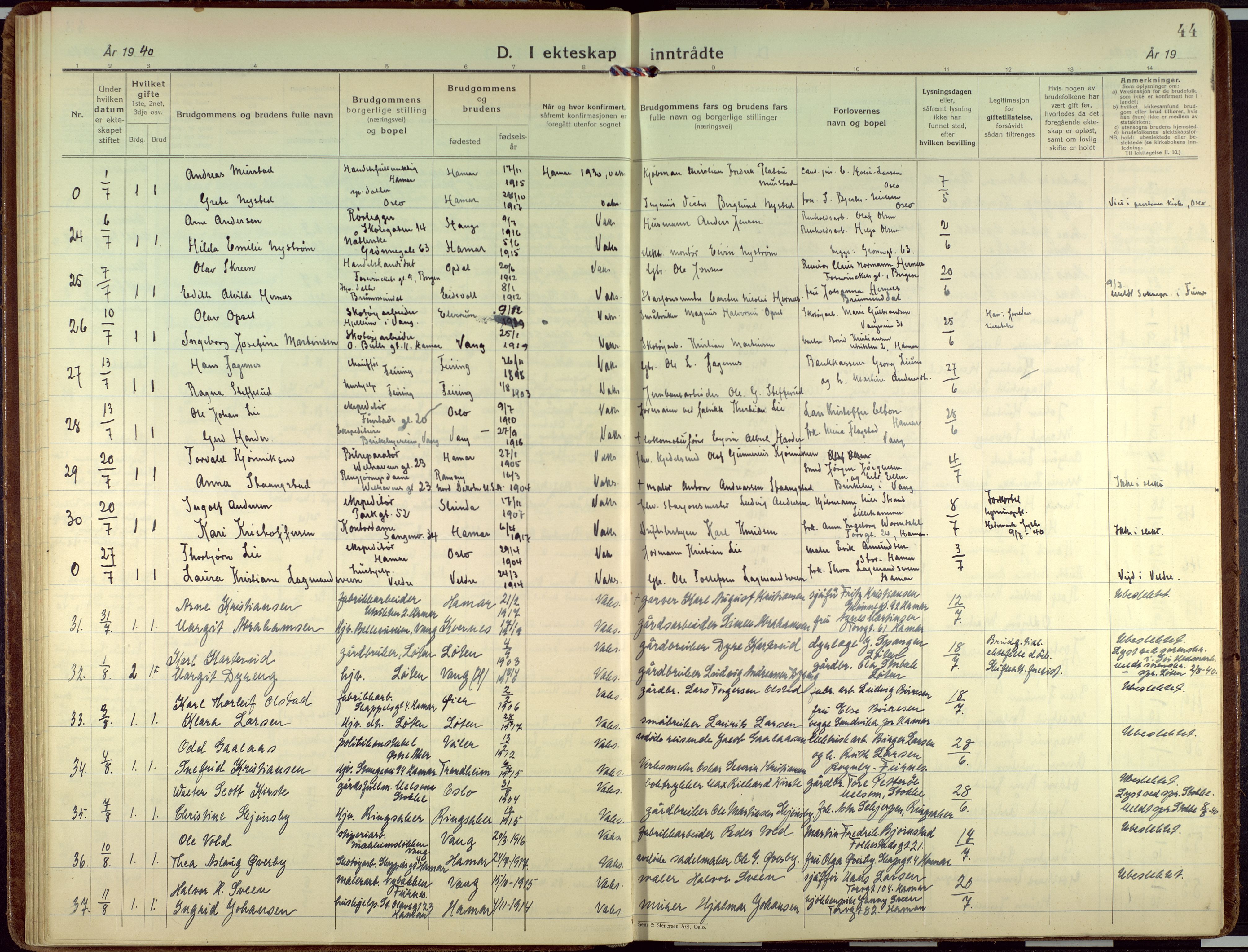 Hamar prestekontor, AV/SAH-DOMPH-002/H/Ha/Haa/L0006: Parish register (official) no. 6, 1931-1953, p. 44