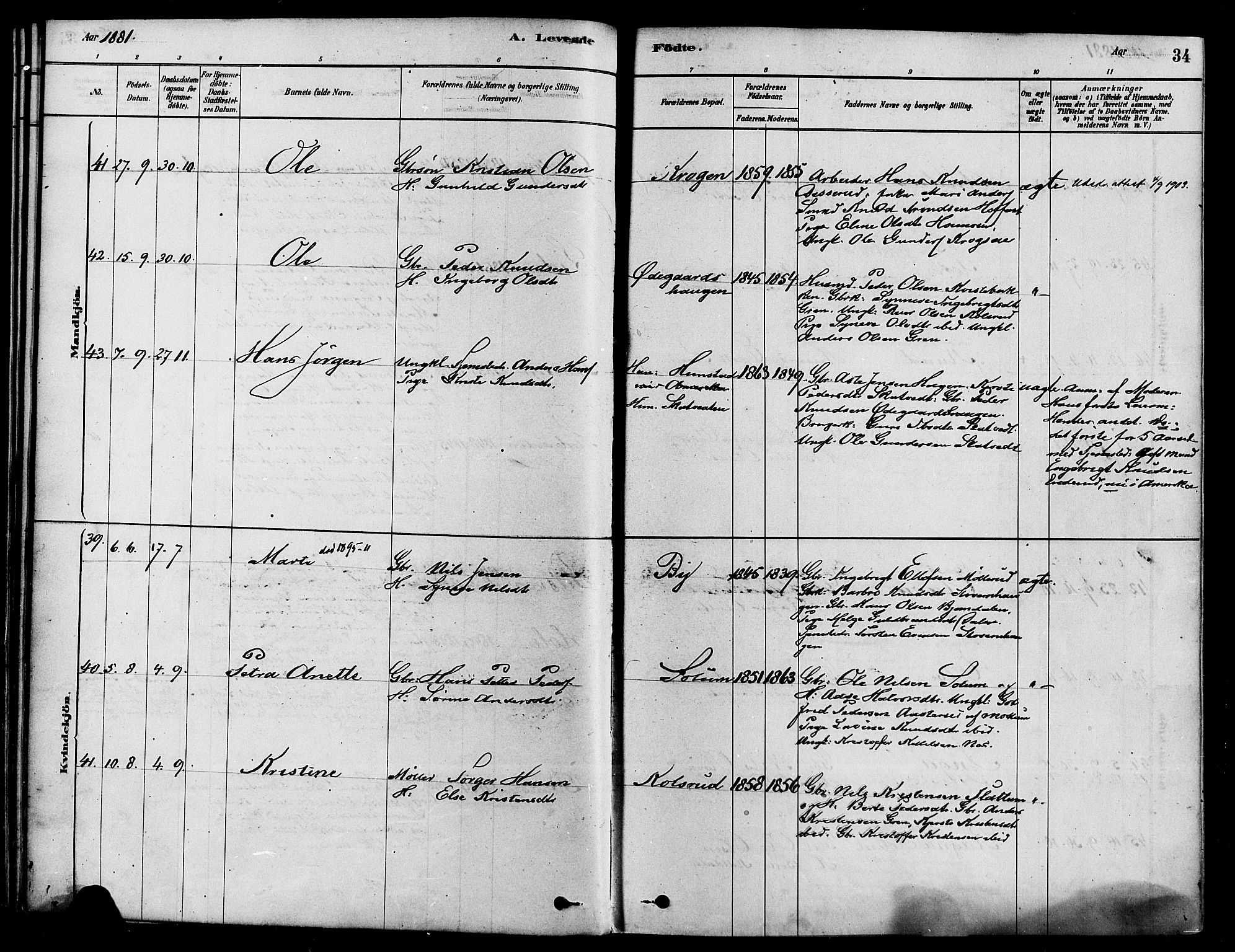 Sigdal kirkebøker, AV/SAKO-A-245/F/Fa/L0011: Parish register (official) no. I 11, 1879-1887, p. 34