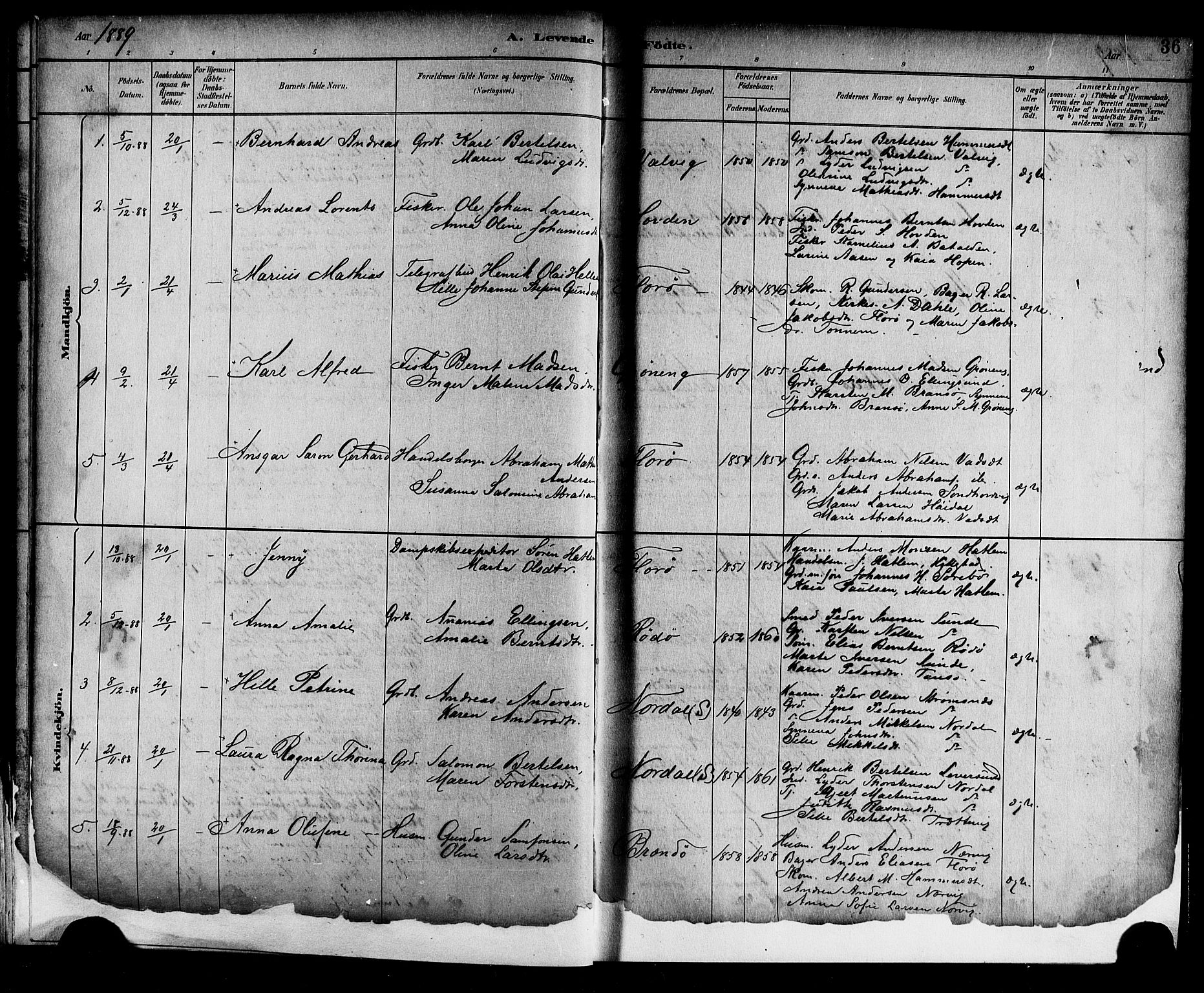 Kinn sokneprestembete, SAB/A-80801/H/Hab/Haba/L0002: Parish register (copy) no. A 2, 1882-1906, p. 36