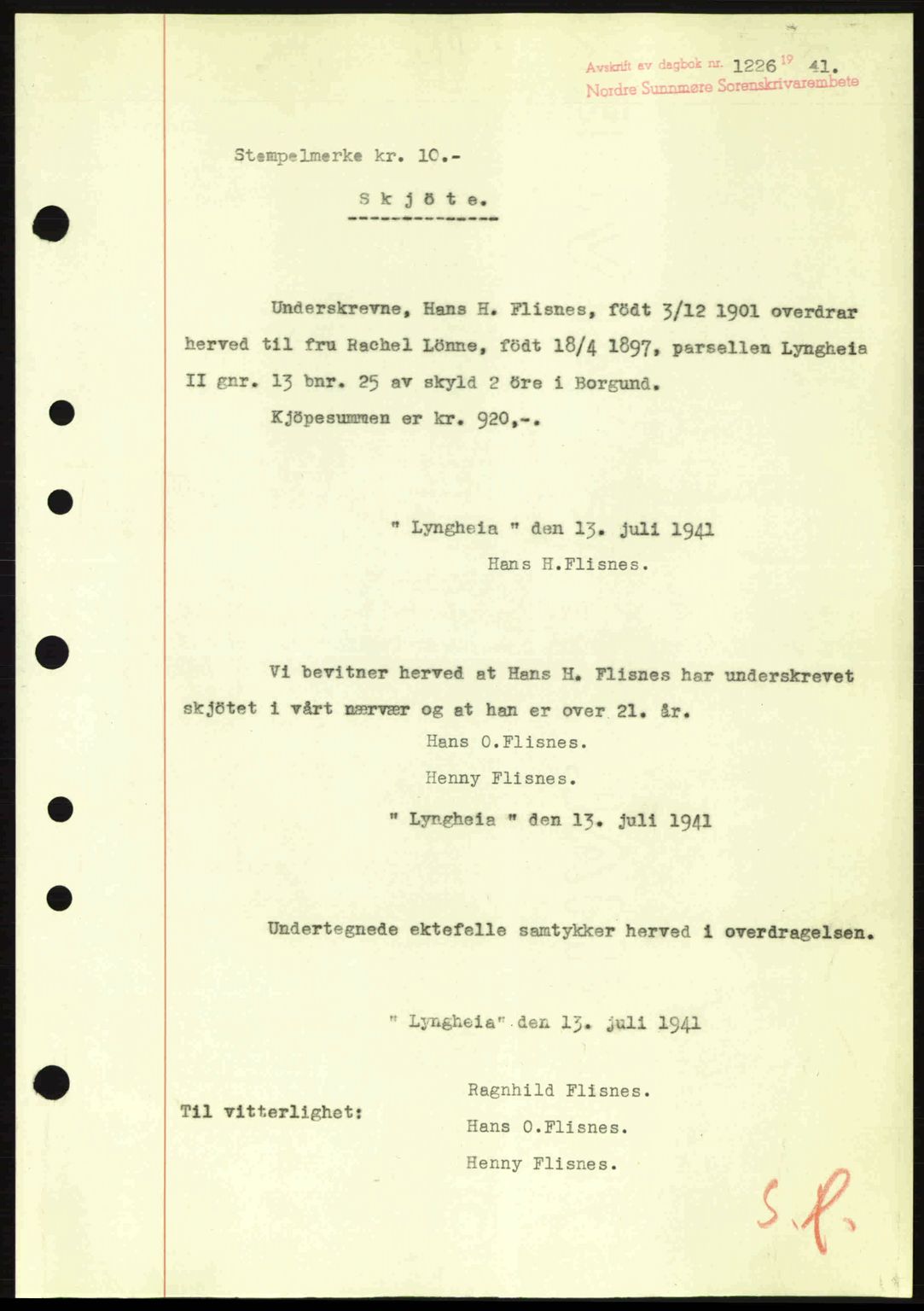 Nordre Sunnmøre sorenskriveri, SAT/A-0006/1/2/2C/2Ca: Mortgage book no. A11, 1941-1941, Diary no: : 1226/1941