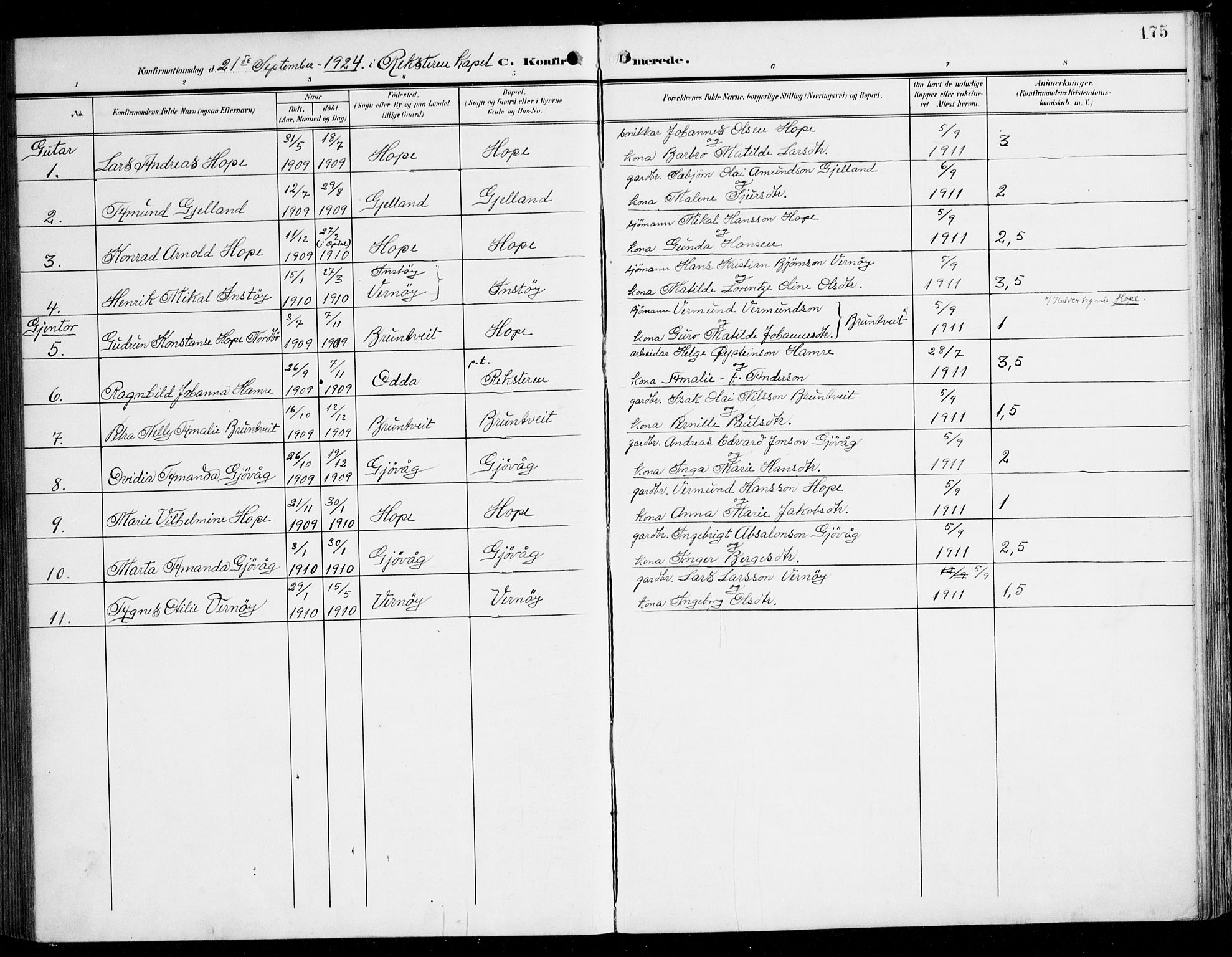 Tysnes sokneprestembete, SAB/A-78601/H/Haa: Parish register (official) no. B 2, 1907-1925, p. 175