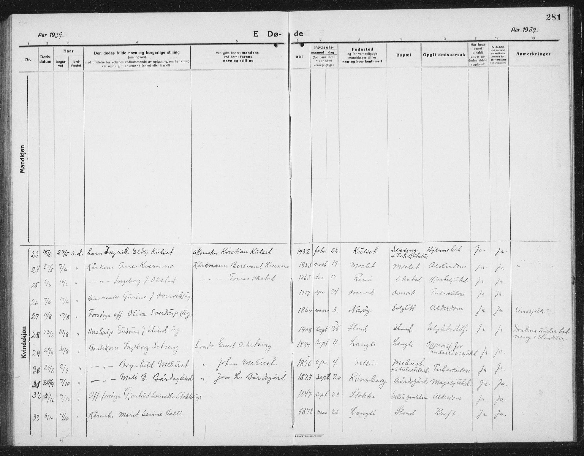 Ministerialprotokoller, klokkerbøker og fødselsregistre - Sør-Trøndelag, SAT/A-1456/695/L1158: Parish register (copy) no. 695C09, 1913-1940, p. 281