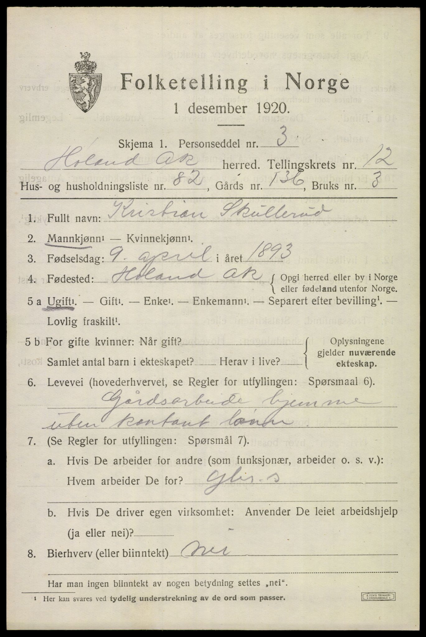 SAO, 1920 census for Høland, 1920, p. 12539