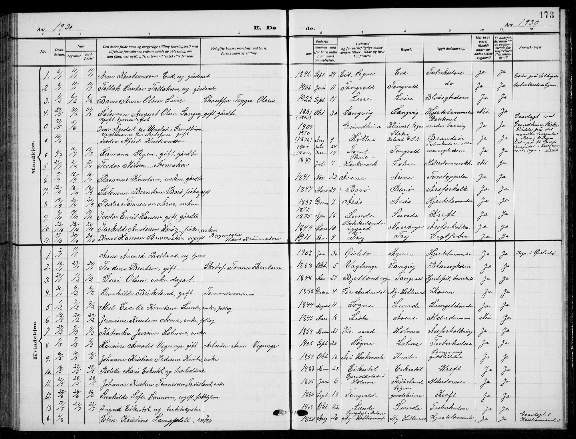 Søgne sokneprestkontor, AV/SAK-1111-0037/F/Fb/Fbb/L0007: Parish register (copy) no. B 7, 1912-1931, p. 173