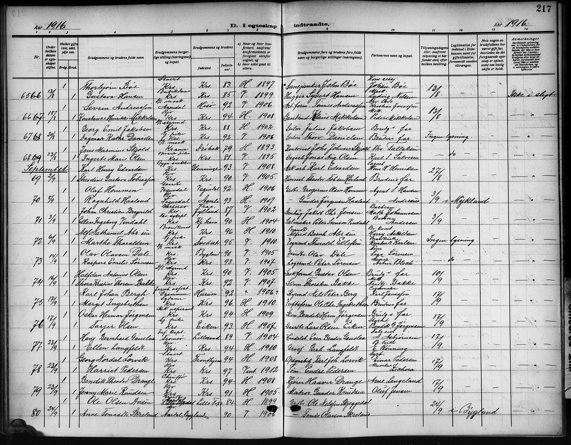 Kristiansand domprosti, AV/SAK-1112-0006/F/Fb/L0021: Parish register (copy) no. B 21, 1914-1923, p. 217