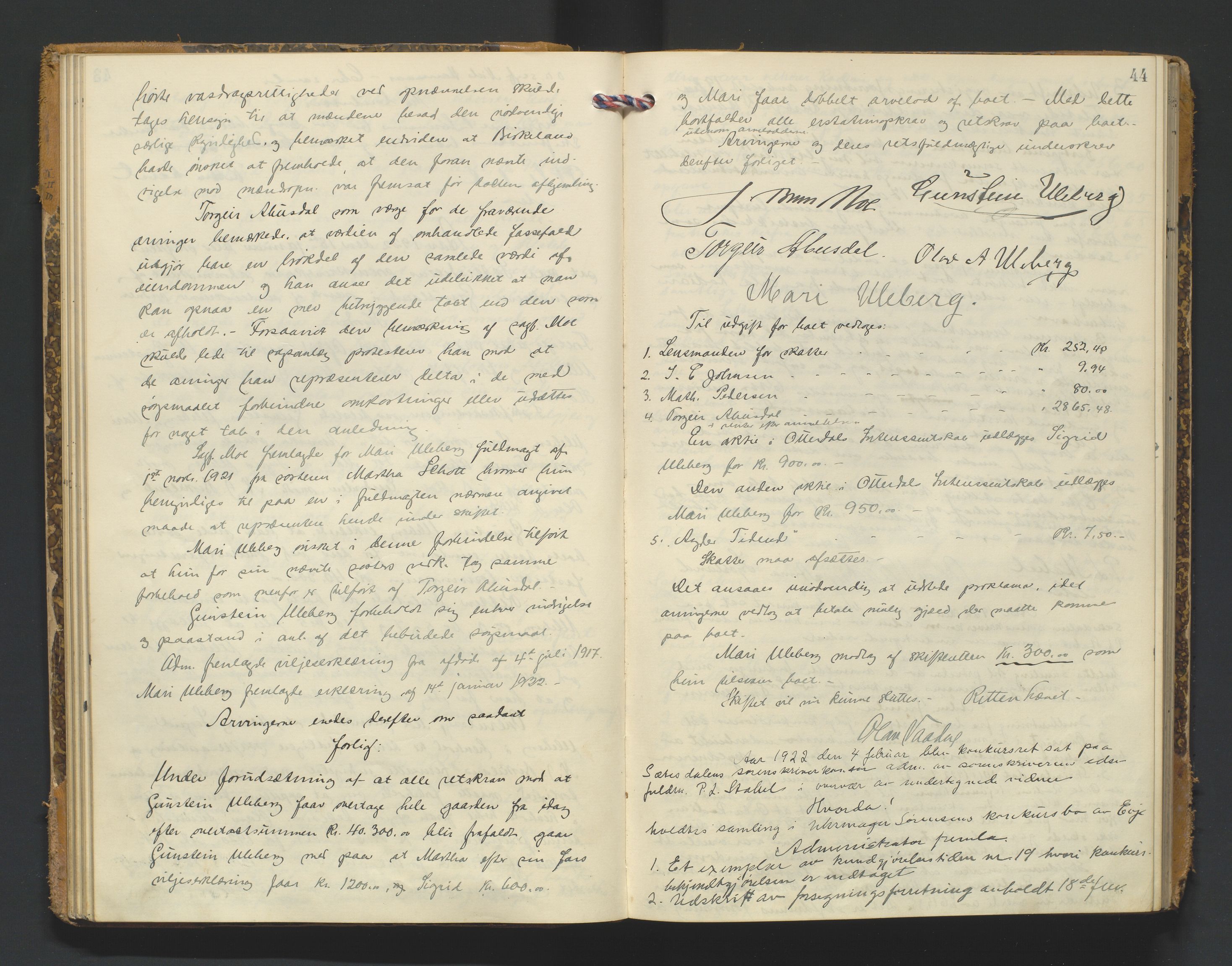 Setesdal sorenskriveri, AV/SAK-1221-0011/H/Hc/L0040: Skifteforhandlingsprotokoll nr 12, 1920-1927, p. 44