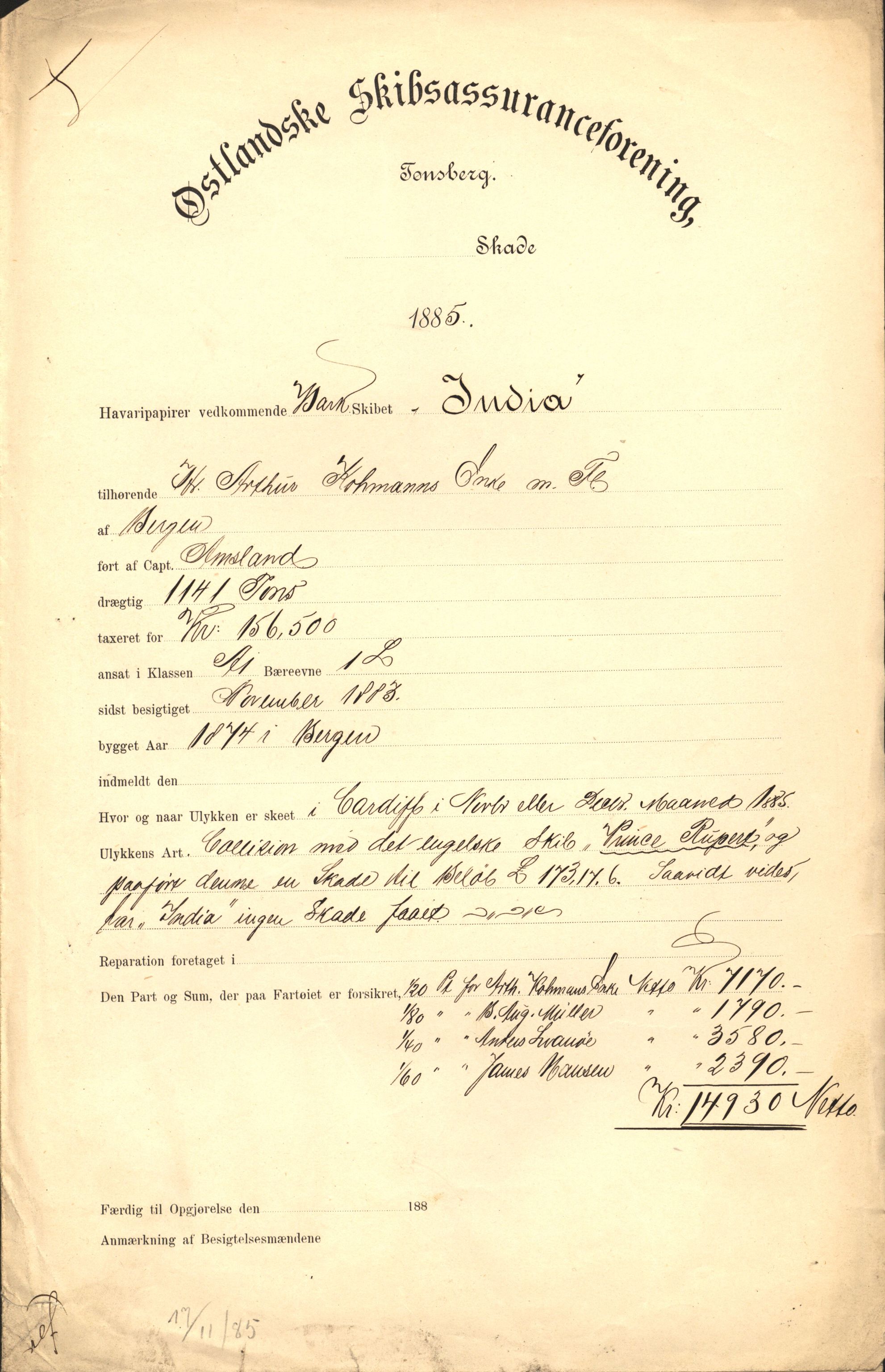 Pa 63 - Østlandske skibsassuranceforening, VEMU/A-1079/G/Ga/L0018/0011: Havaridokumenter / Bertha, Bonita, Immanuel, Th. Thoresen, India, 1885, p. 45