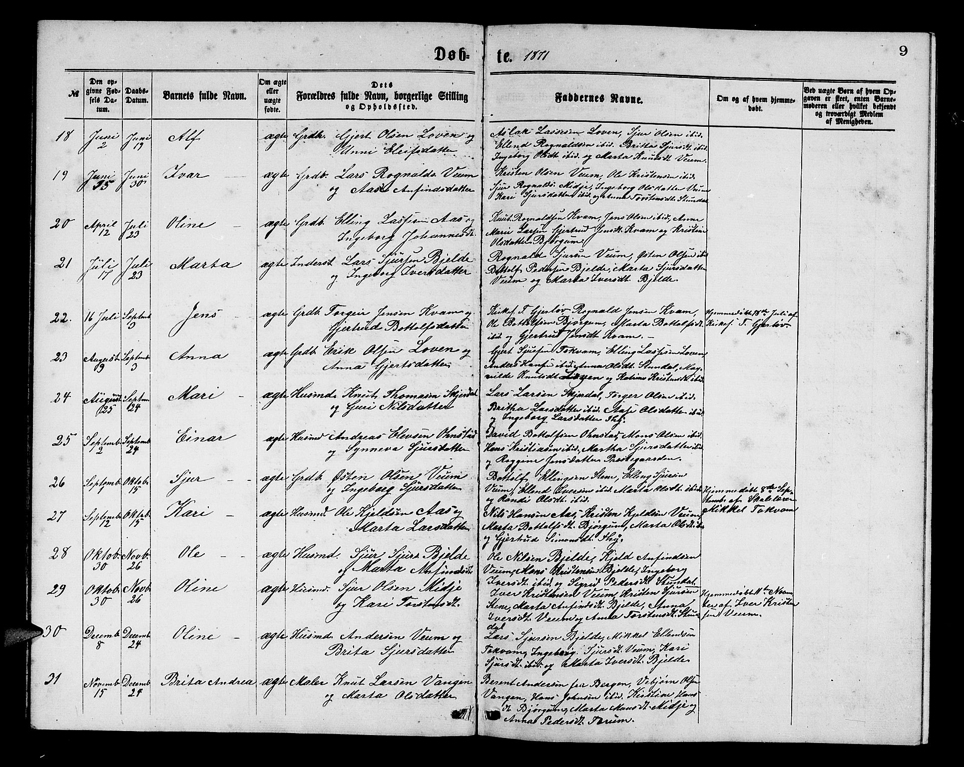 Aurland sokneprestembete, SAB/A-99937/H/Hb/Hba/L0001: Parish register (copy) no. A 1, 1868-1881, p. 9