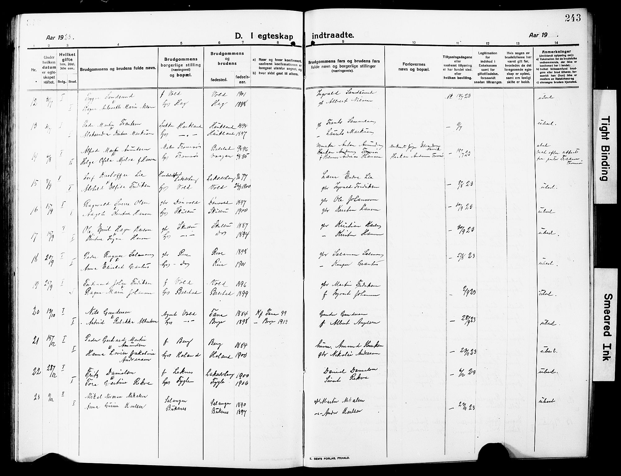 Ministerialprotokoller, klokkerbøker og fødselsregistre - Nordland, AV/SAT-A-1459/881/L1169: Parish register (copy) no. 881C06, 1912-1930, p. 243