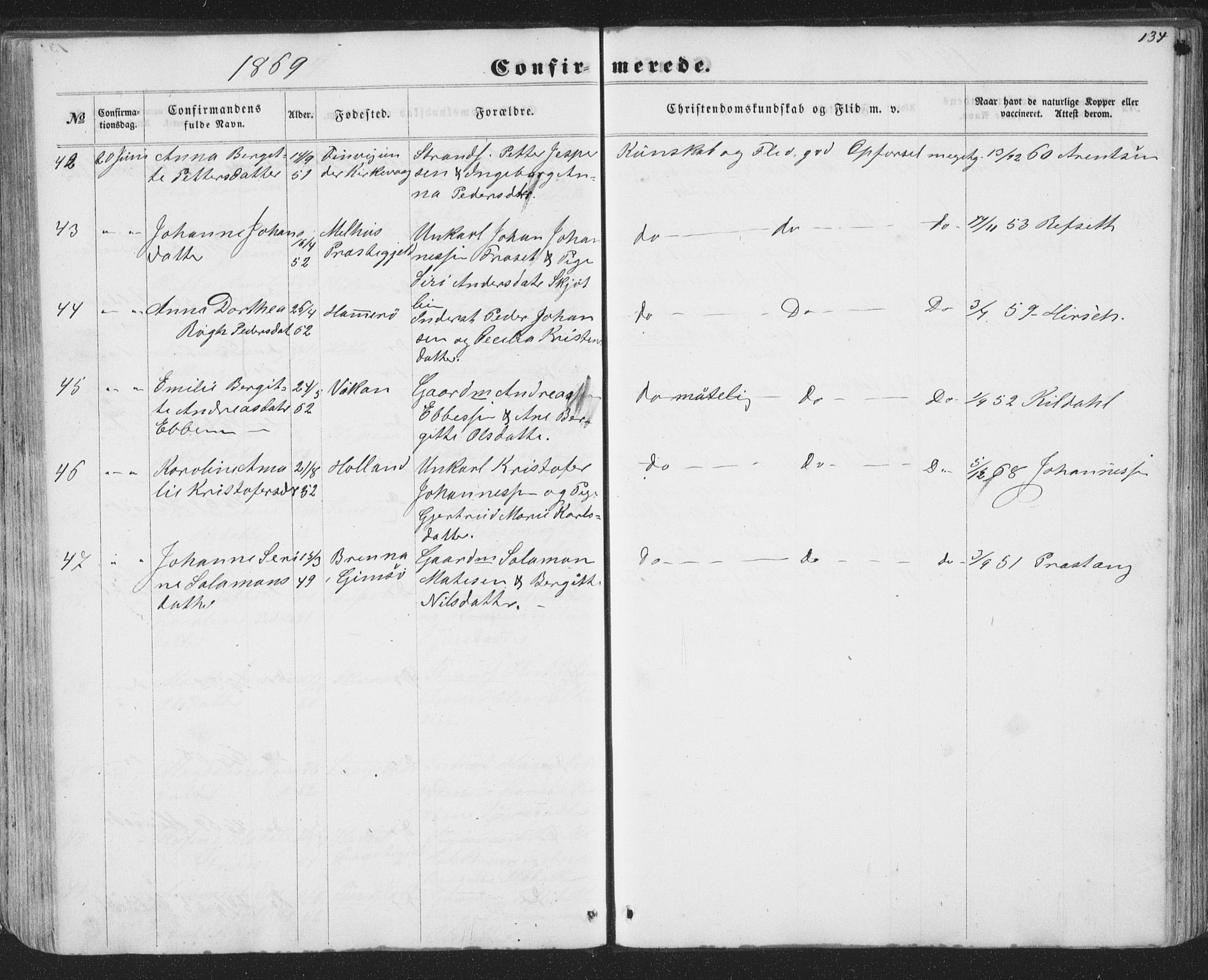 Ministerialprotokoller, klokkerbøker og fødselsregistre - Nordland, AV/SAT-A-1459/874/L1073: Parish register (copy) no. 874C02, 1860-1870, p. 134