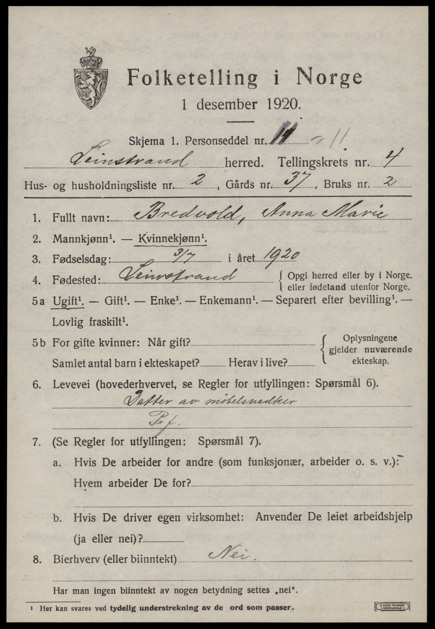 SAT, 1920 census for Leinstrand, 1920, p. 3837