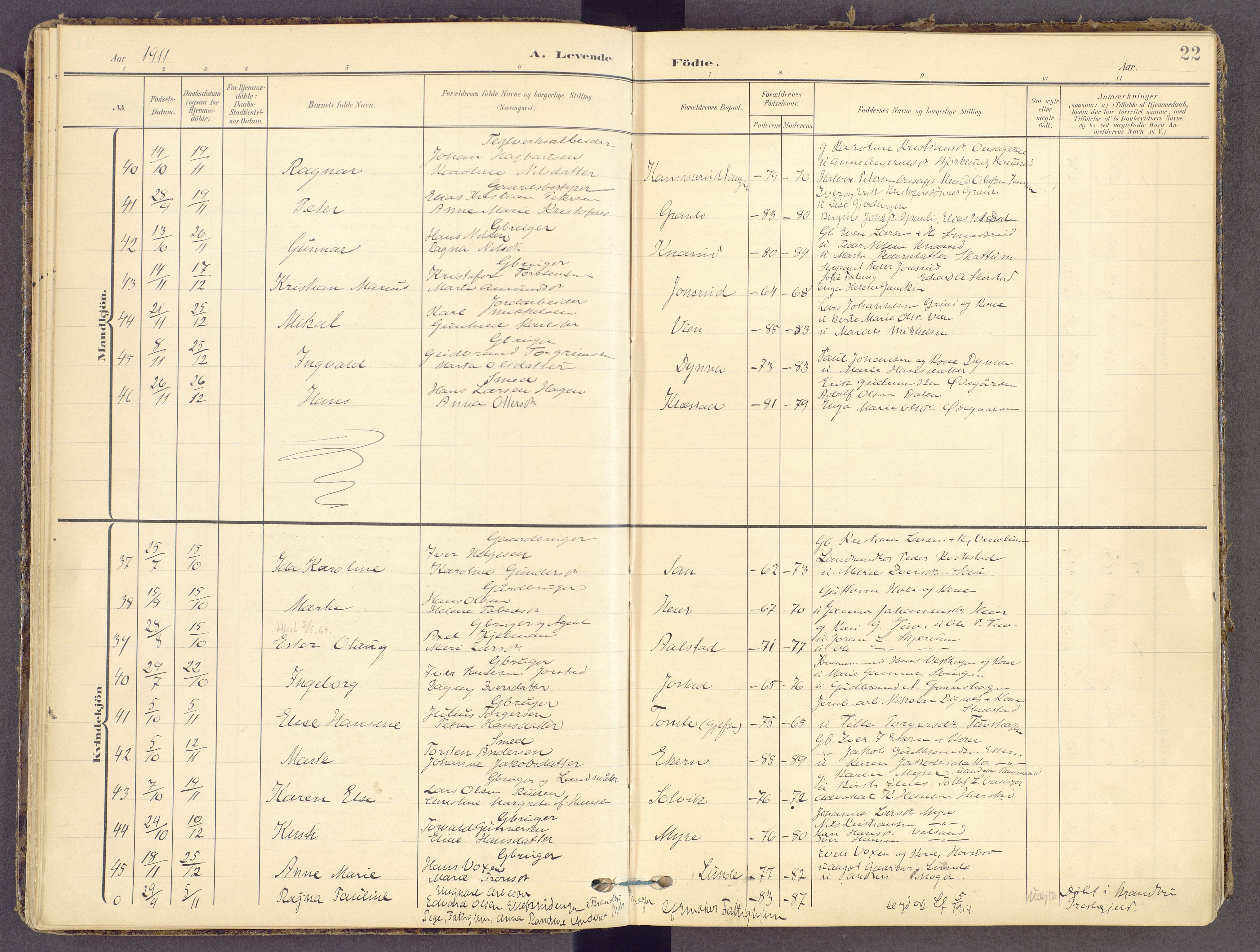 Gran prestekontor, SAH/PREST-112/H/Ha/Haa/L0021: Parish register (official) no. 21, 1908-1932, p. 22