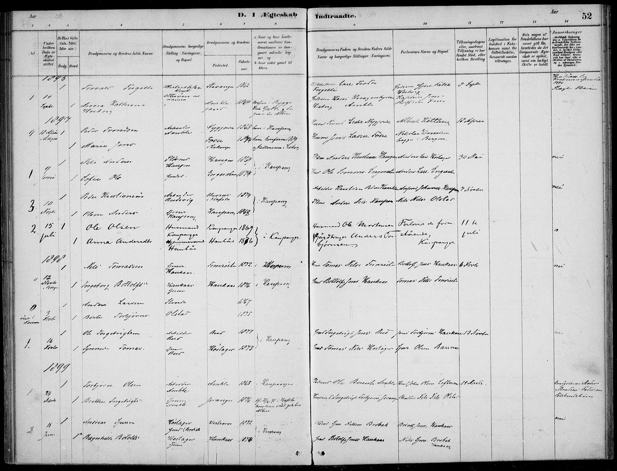 Sogndal sokneprestembete, AV/SAB-A-81301/H/Haa/Haad/L0001: Parish register (official) no. D  1, 1878-1907, p. 52