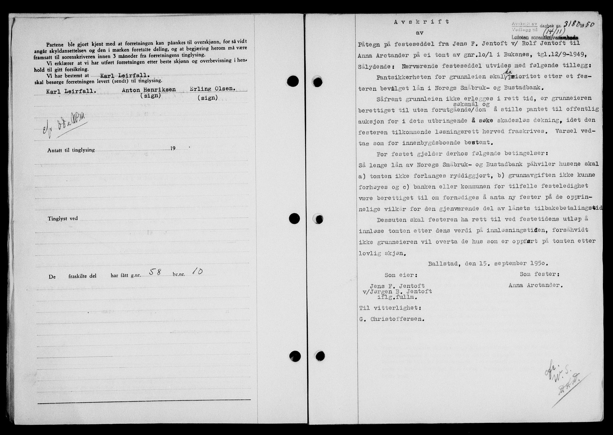 Lofoten sorenskriveri, SAT/A-0017/1/2/2C/L0025a: Mortgage book no. 25a, 1950-1951, Diary no: : 3180/1950
