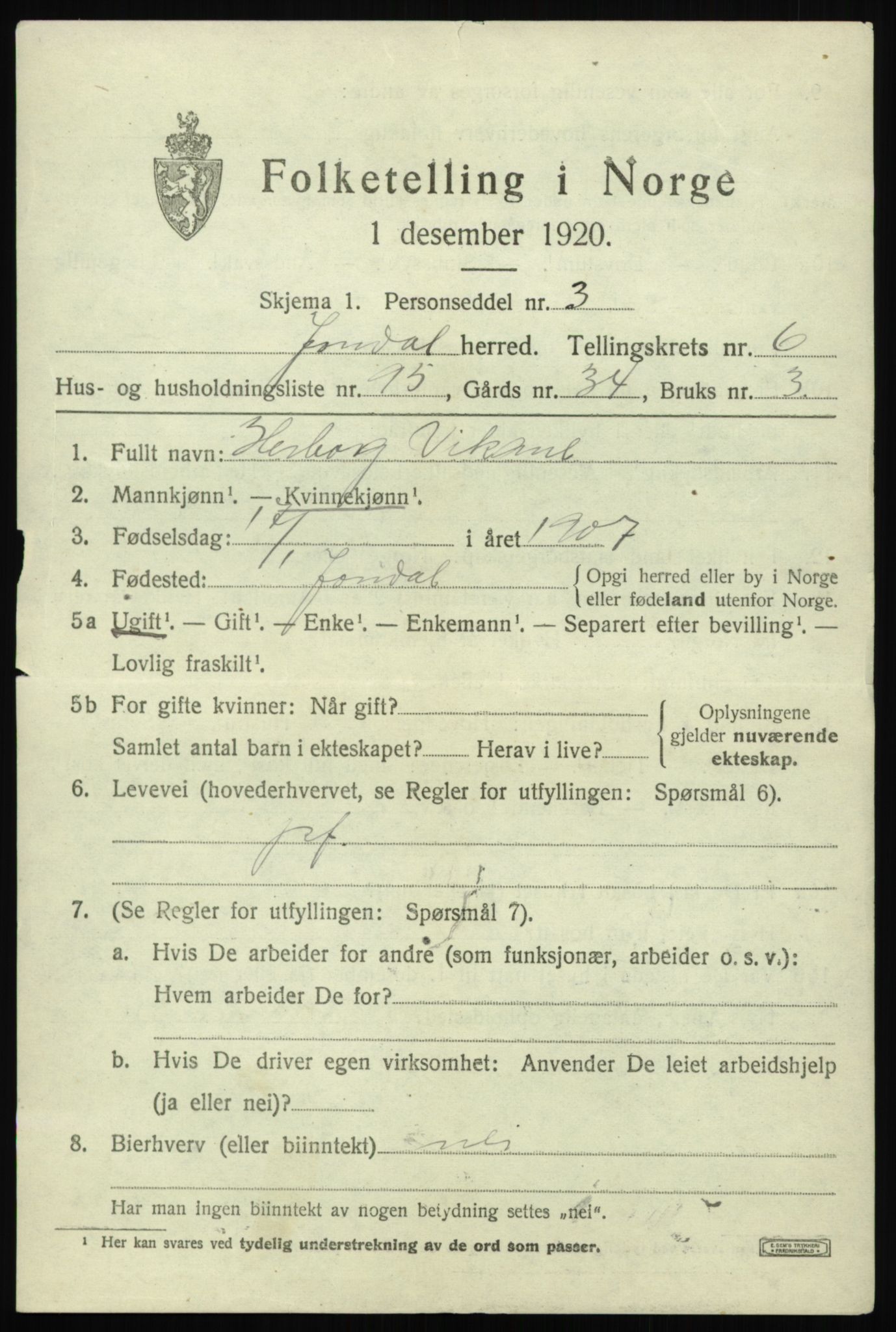 SAB, 1920 census for Jondal, 1920, p. 3754