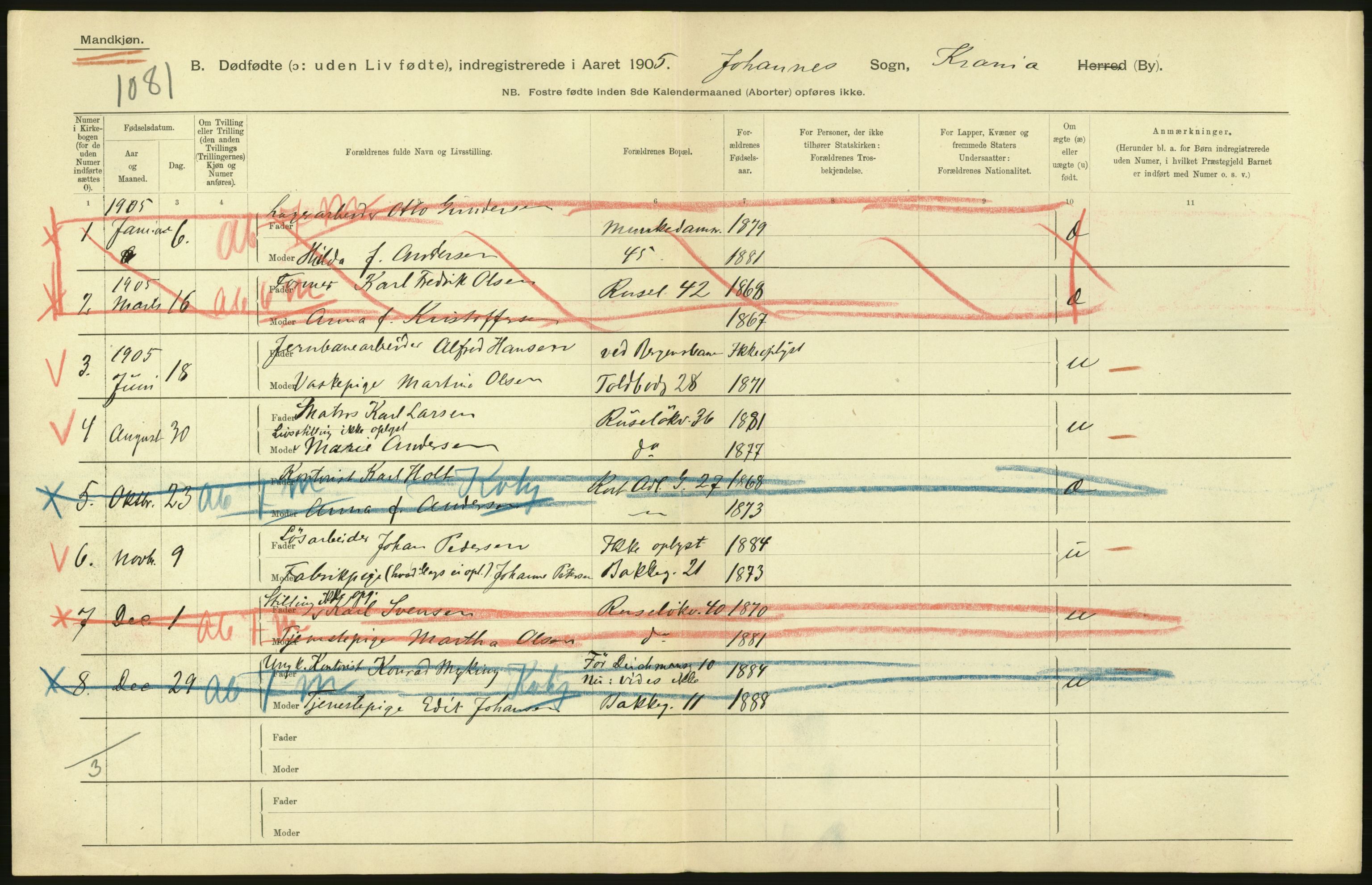 Statistisk sentralbyrå, Sosiodemografiske emner, Befolkning, RA/S-2228/D/Df/Dfa/Dfac/L0007a: Kristiania: Døde, dødfødte., 1905, p. 824