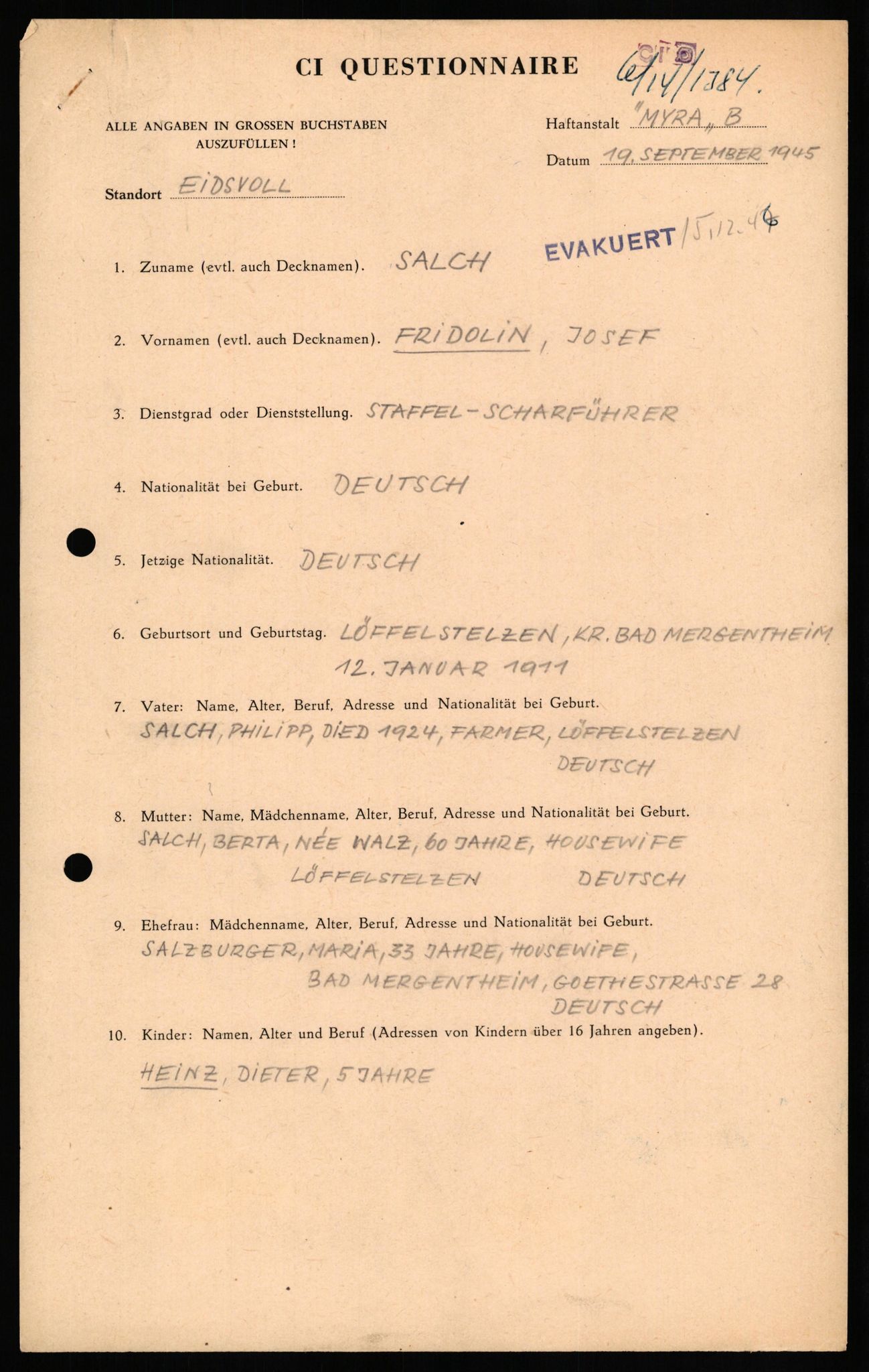Forsvaret, Forsvarets overkommando II, RA/RAFA-3915/D/Db/L0028: CI Questionaires. Tyske okkupasjonsstyrker i Norge. Tyskere., 1945-1946, p. 446