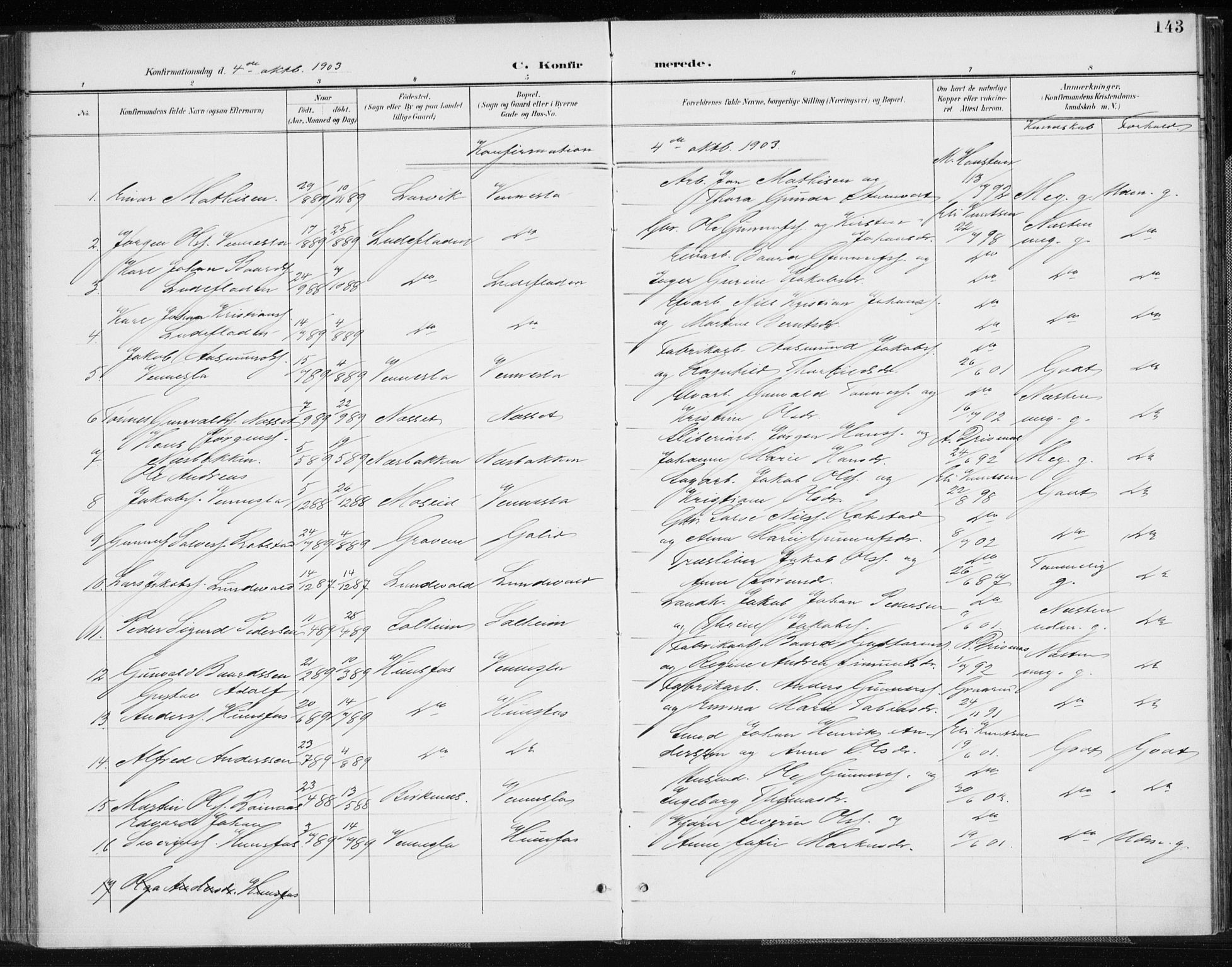 Vennesla sokneprestkontor, AV/SAK-1111-0045/Fa/Fab/L0005: Parish register (official) no. A 5, 1897-1909, p. 143