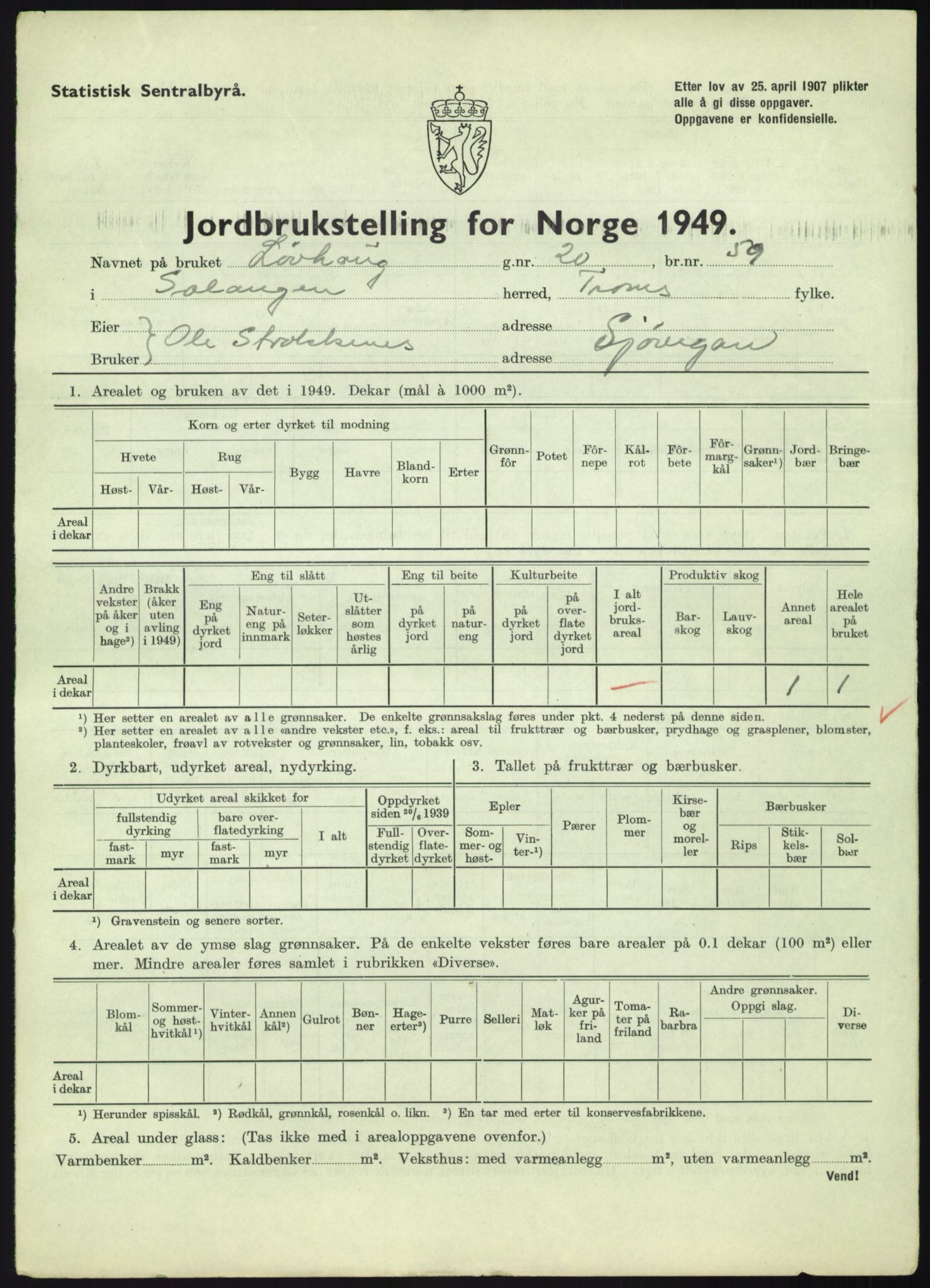 Statistisk sentralbyrå, Næringsøkonomiske emner, Jordbruk, skogbruk, jakt, fiske og fangst, AV/RA-S-2234/G/Gc/L0438: Troms: Salangen og Bardu, 1949, p. 35