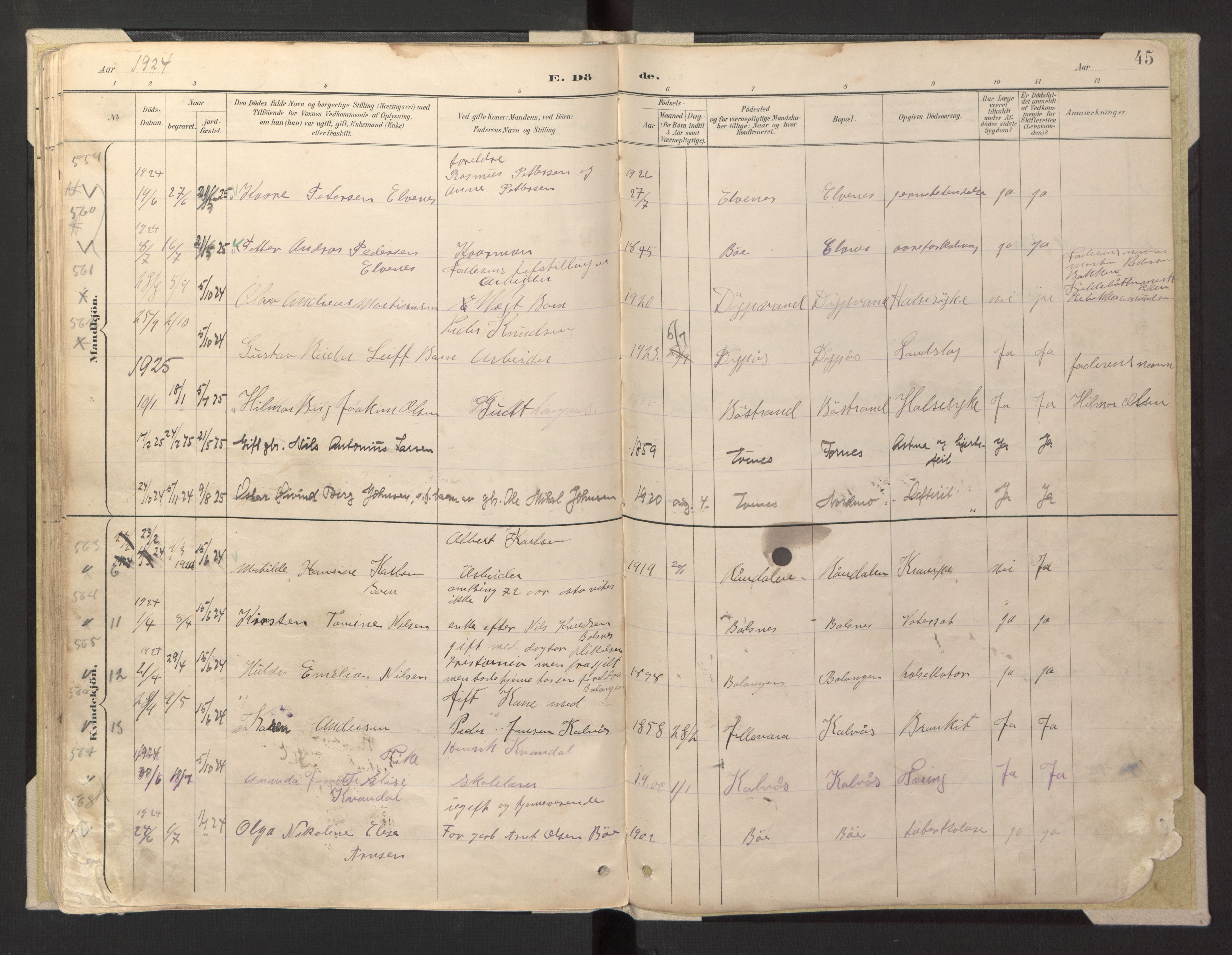 Ministerialprotokoller, klokkerbøker og fødselsregistre - Nordland, AV/SAT-A-1459/869/L0980: Parish register (copy) no. 869C06, 1889-1925, p. 45