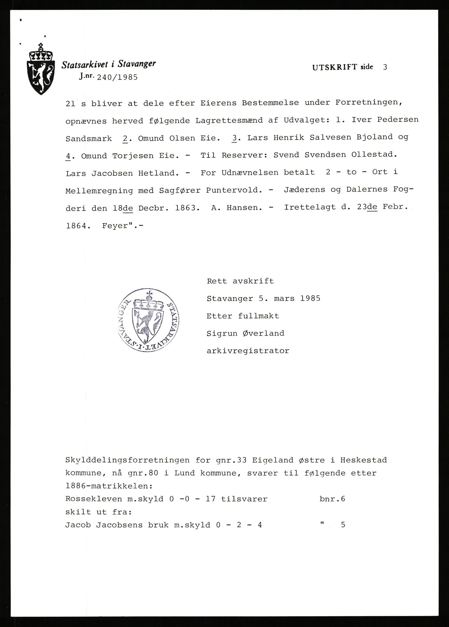 Statsarkivet i Stavanger, AV/SAST-A-101971/03/Y/Yj/L0017: Avskrifter sortert etter gårdsnavn: Eigeland østre - Elve, 1750-1930, p. 12