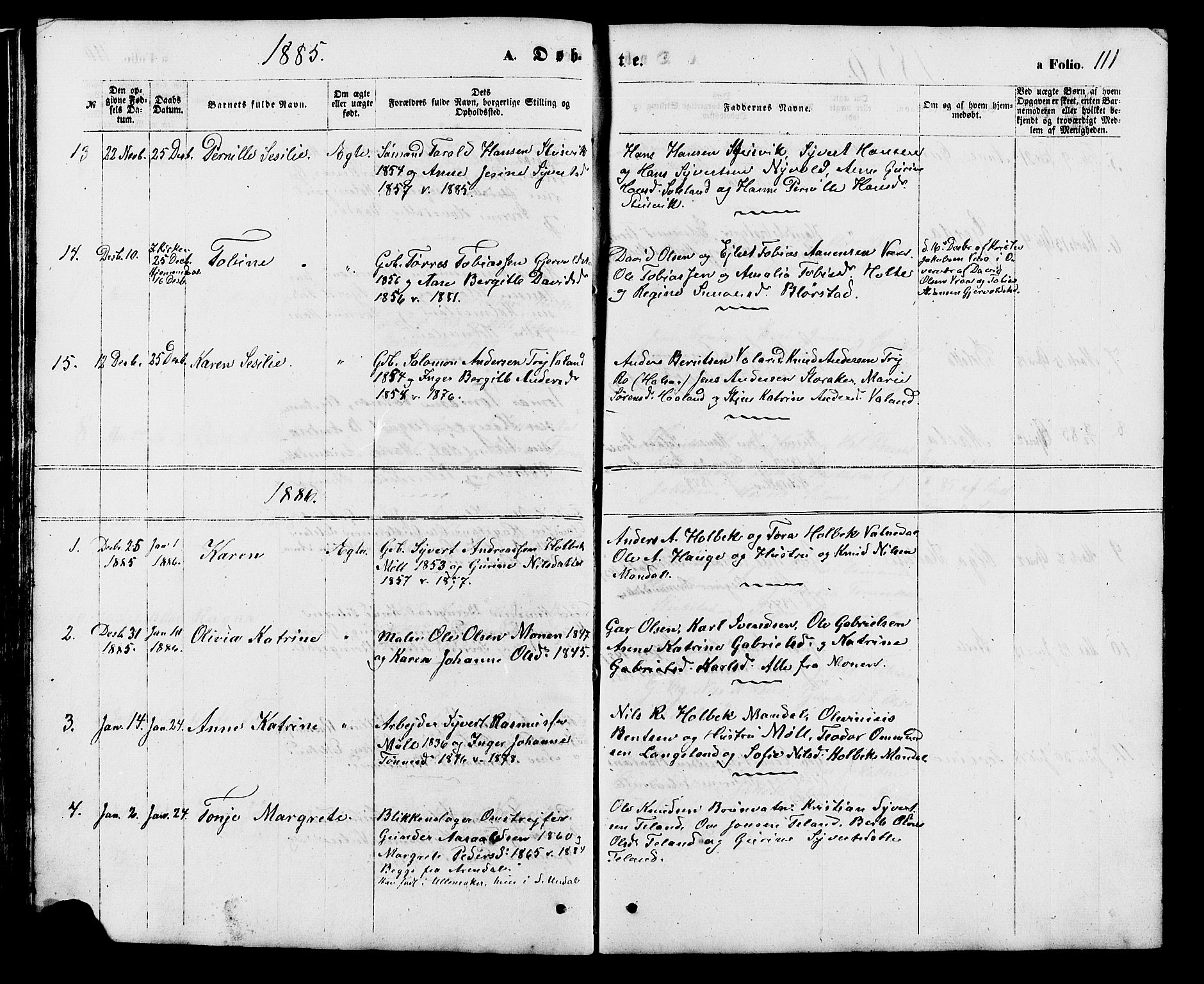 Holum sokneprestkontor, SAK/1111-0022/F/Fb/Fba/L0004: Parish register (copy) no. B 4, 1867-1890, p. 111