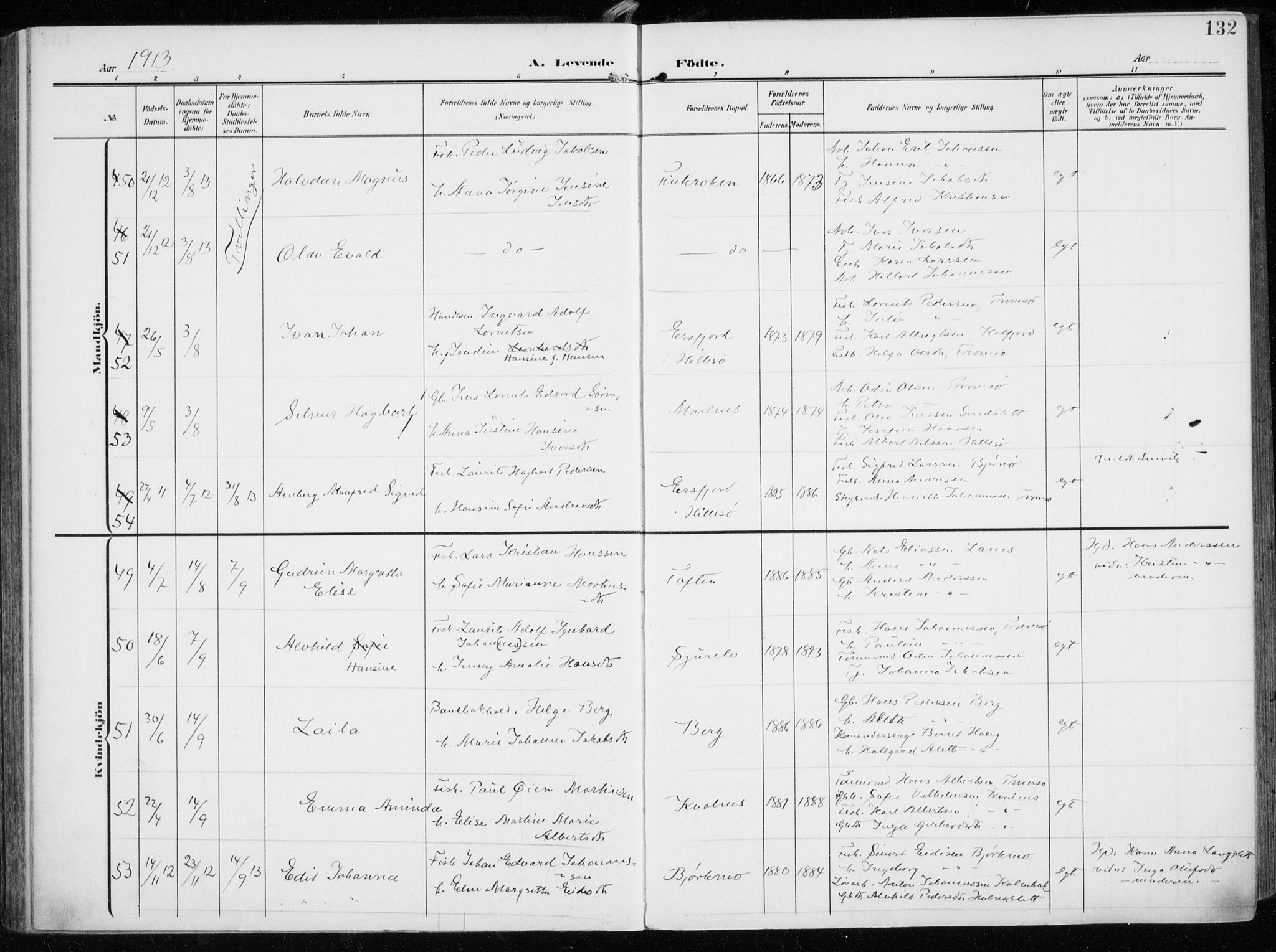 Tromsøysund sokneprestkontor, SATØ/S-1304/G/Ga/L0007kirke: Parish register (official) no. 7, 1907-1914, p. 132