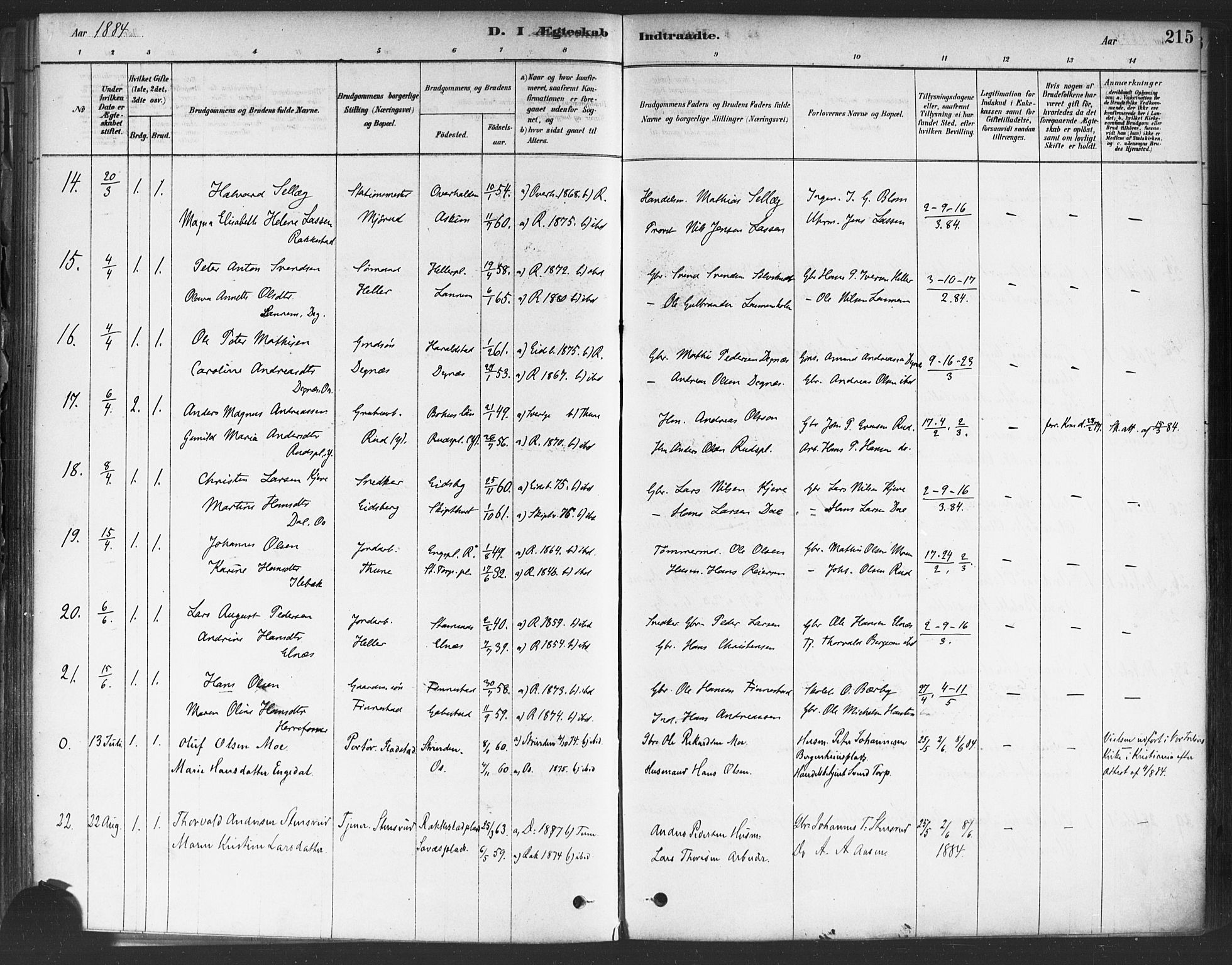 Rakkestad prestekontor Kirkebøker, AV/SAO-A-2008/F/Fa/L0012: Parish register (official) no. I 12, 1878-1893, p. 215