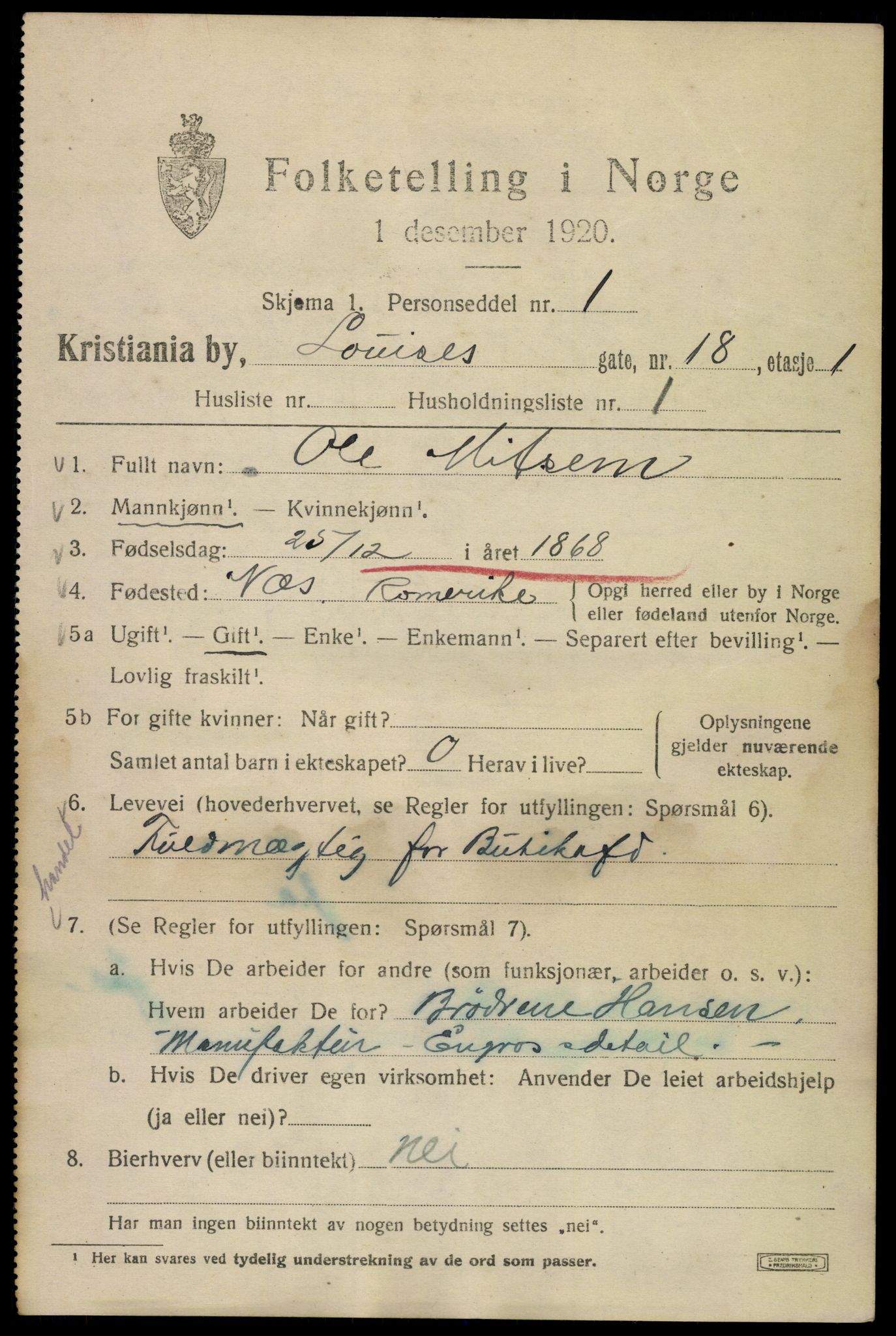 SAO, 1920 census for Kristiania, 1920, p. 366463