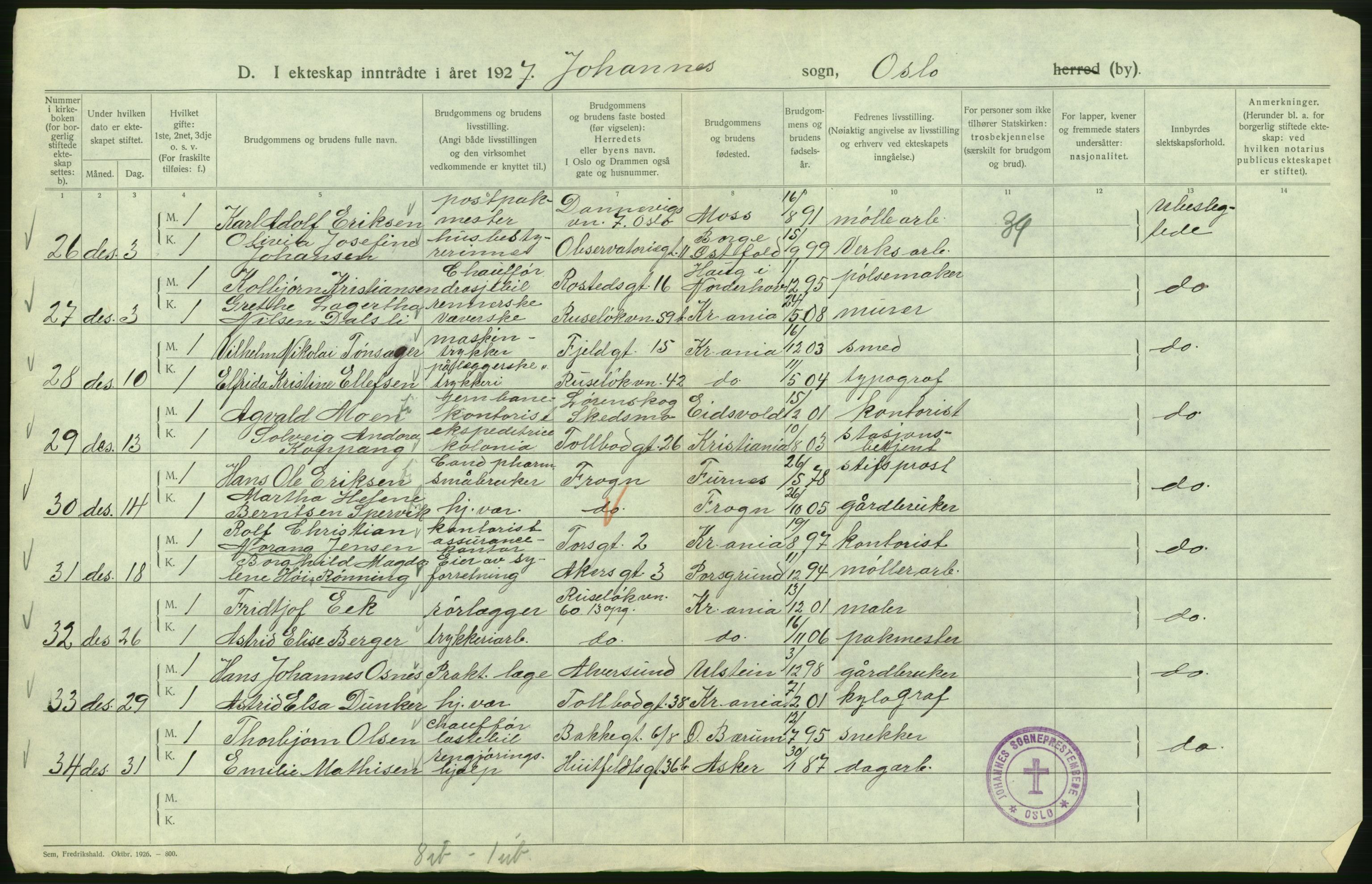 Statistisk sentralbyrå, Sosiodemografiske emner, Befolkning, AV/RA-S-2228/D/Df/Dfc/Dfcg/L0008: Oslo: Gifte, 1927, p. 158