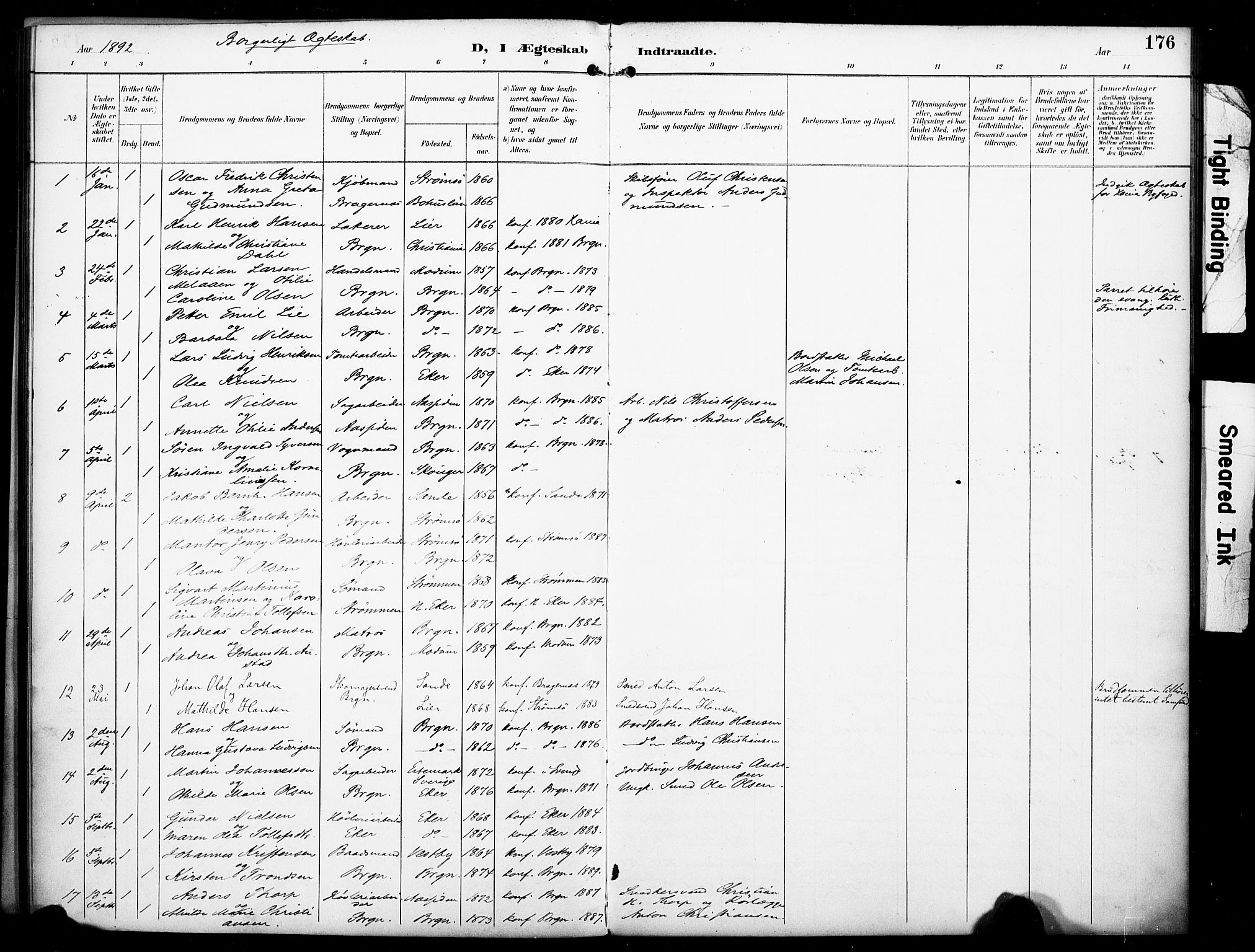 Bragernes kirkebøker, AV/SAKO-A-6/F/Fc/L0006: Parish register (official) no. III 6, 1888-1899, p. 176