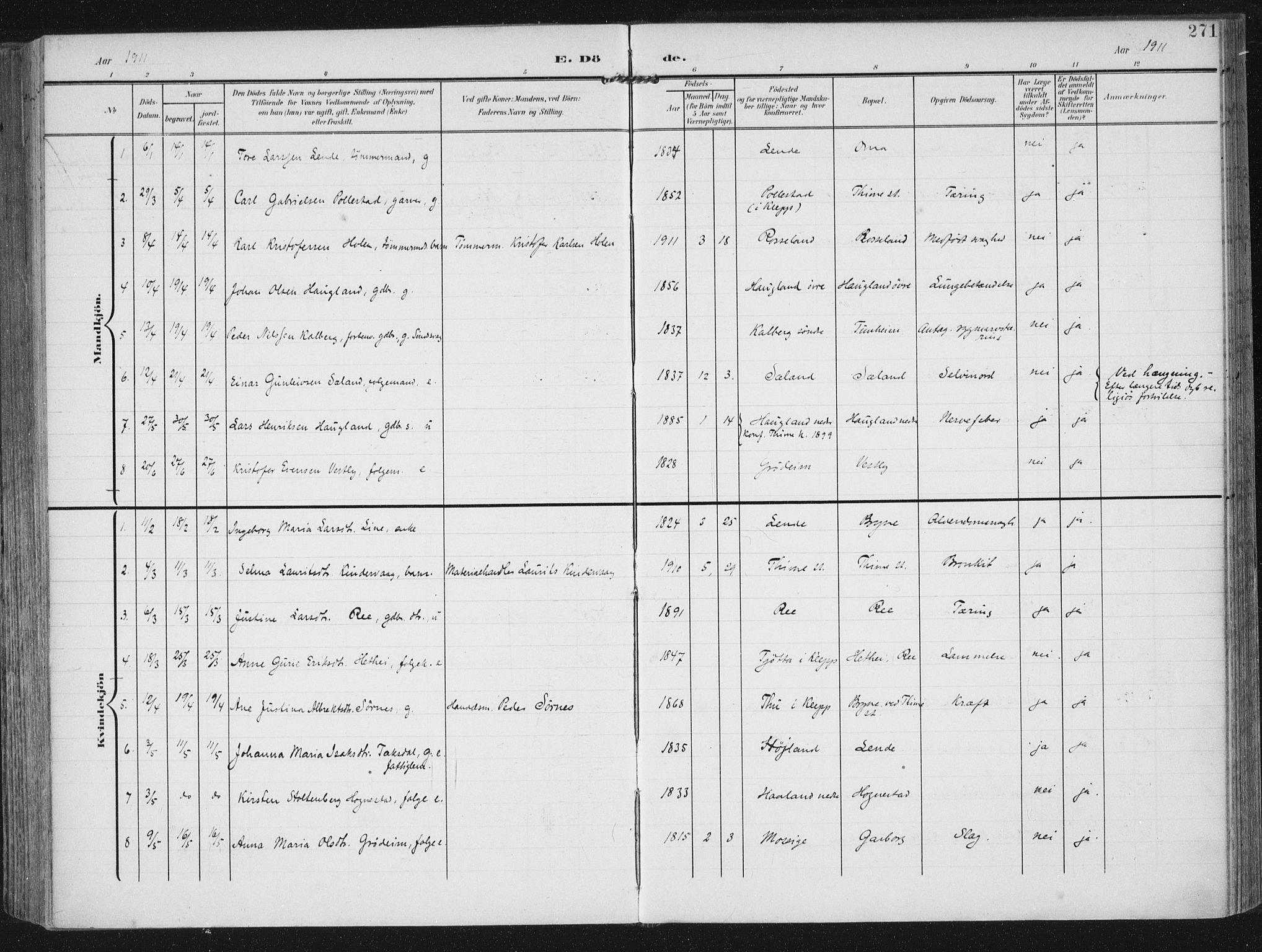 Lye sokneprestkontor, SAST/A-101794/002/A/L0001: Parish register (official) no. A 12, 1904-1920, p. 271