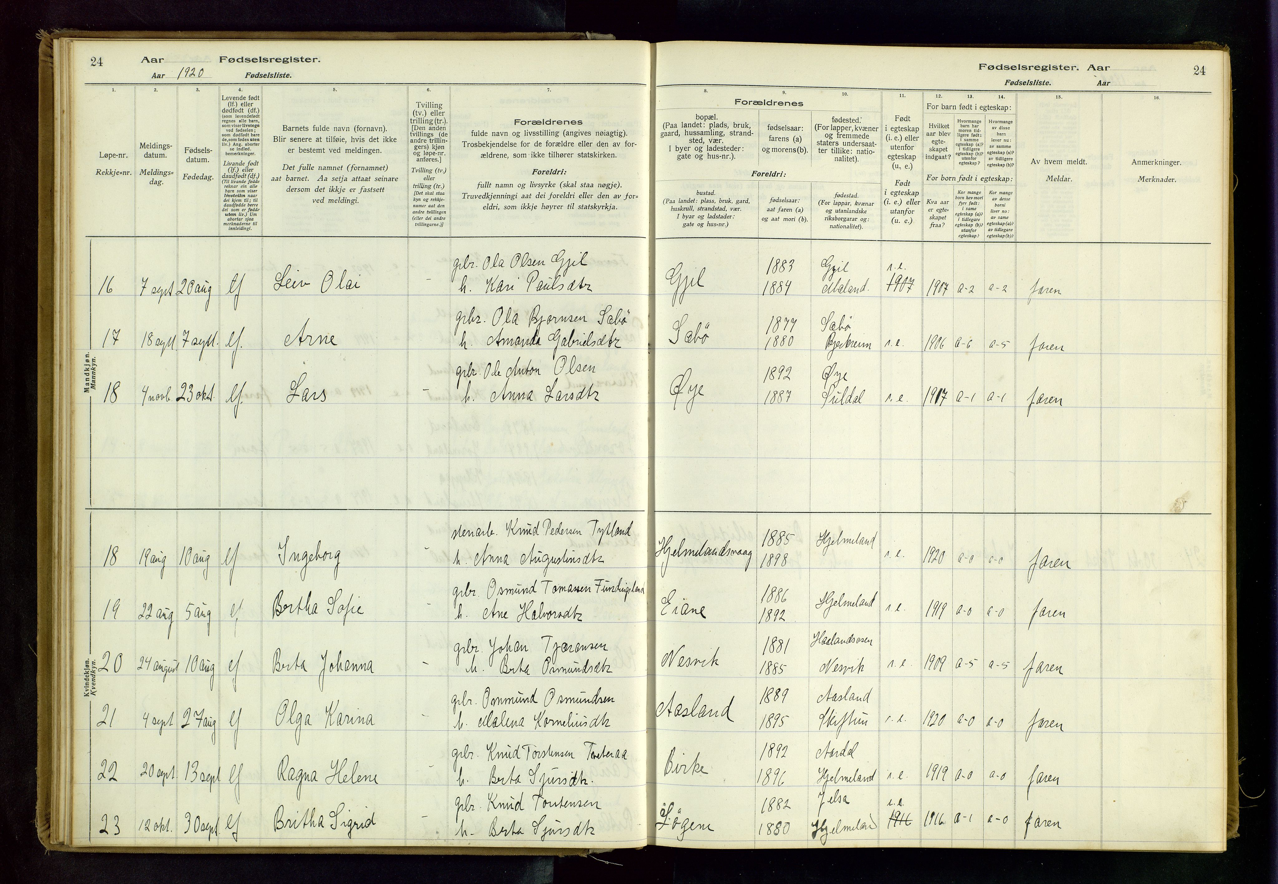 Hjelmeland sokneprestkontor, AV/SAST-A-101843/02/B/L0001: Birth register no. 1, 1916-1963, p. 24