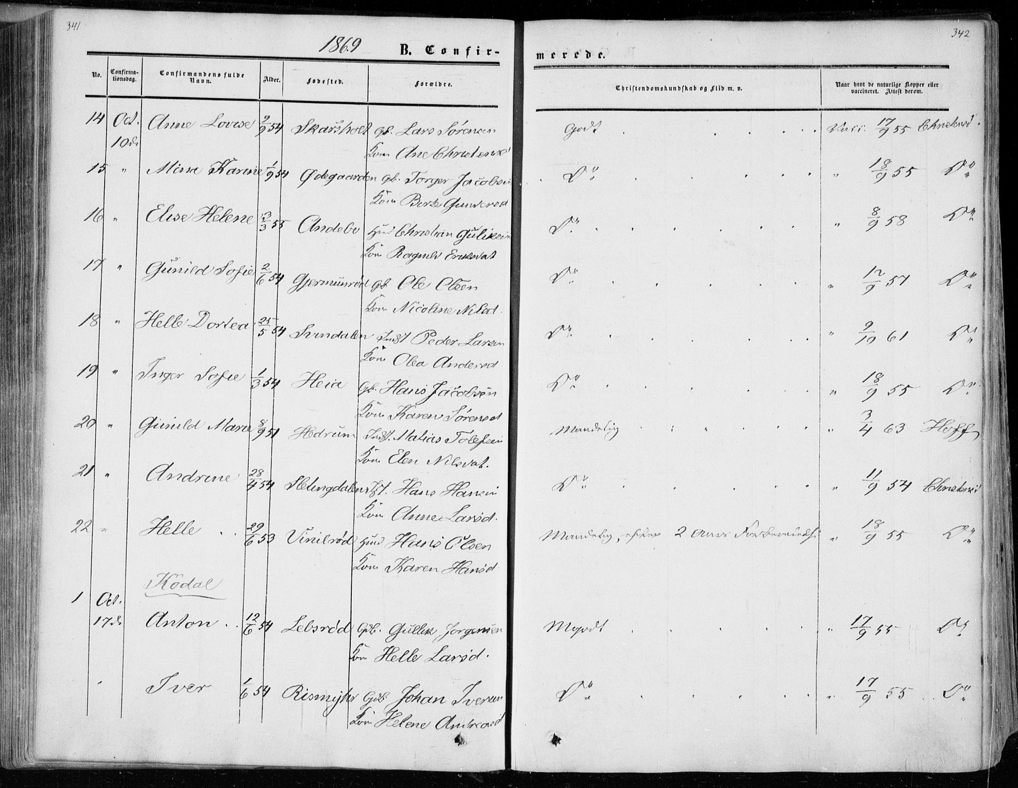 Andebu kirkebøker, AV/SAKO-A-336/F/Fa/L0005: Parish register (official) no. 5, 1857-1870, p. 341-342