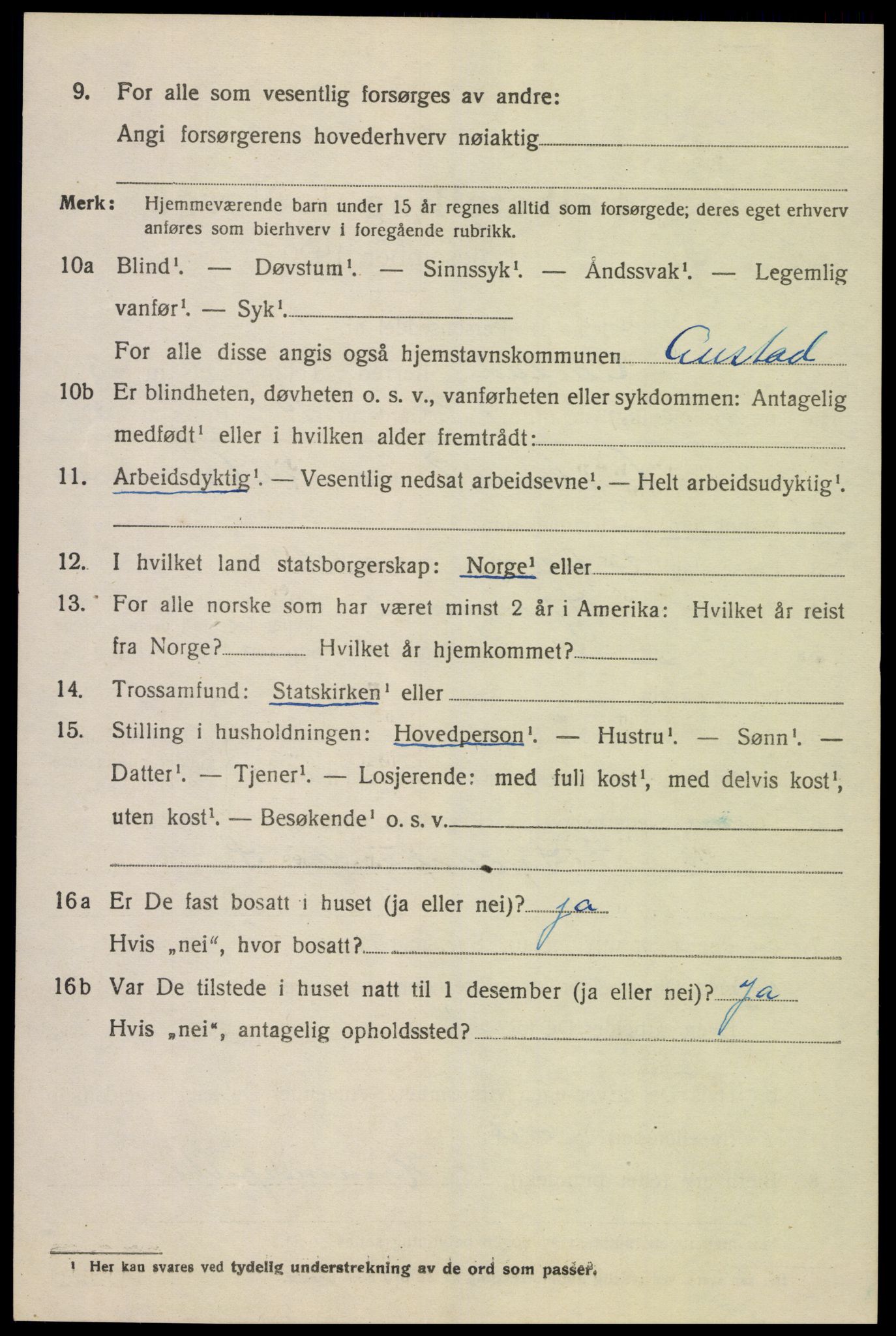 SAK, 1920 census for Austad, 1920, p. 1032